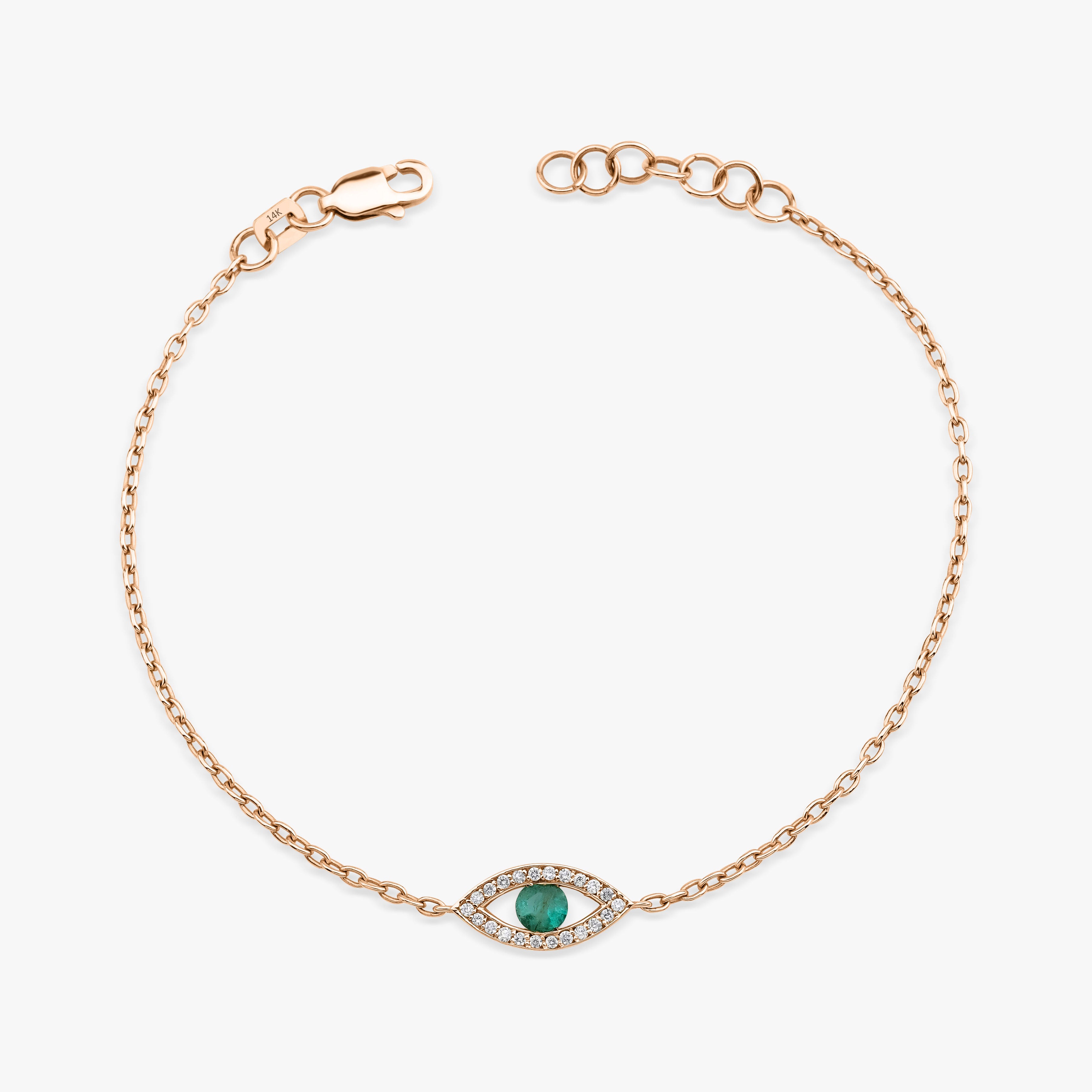 Emerald and Diamond Evil Eye Bracelet Available in 14K Gold and 18K Gold