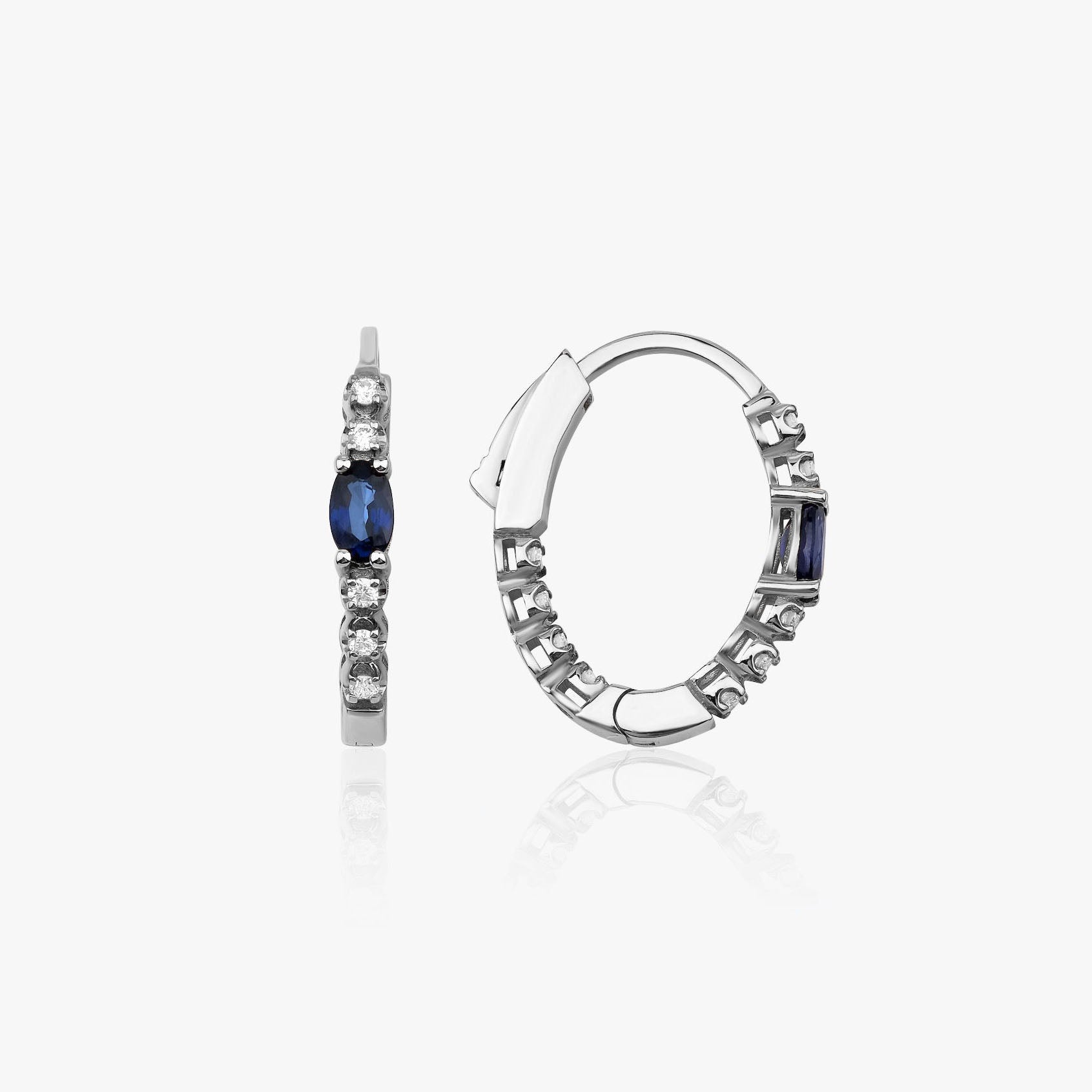 Oval Cut Blue Sapphire and Diamond Hoop Earrings Available in 14K and 18K Gold