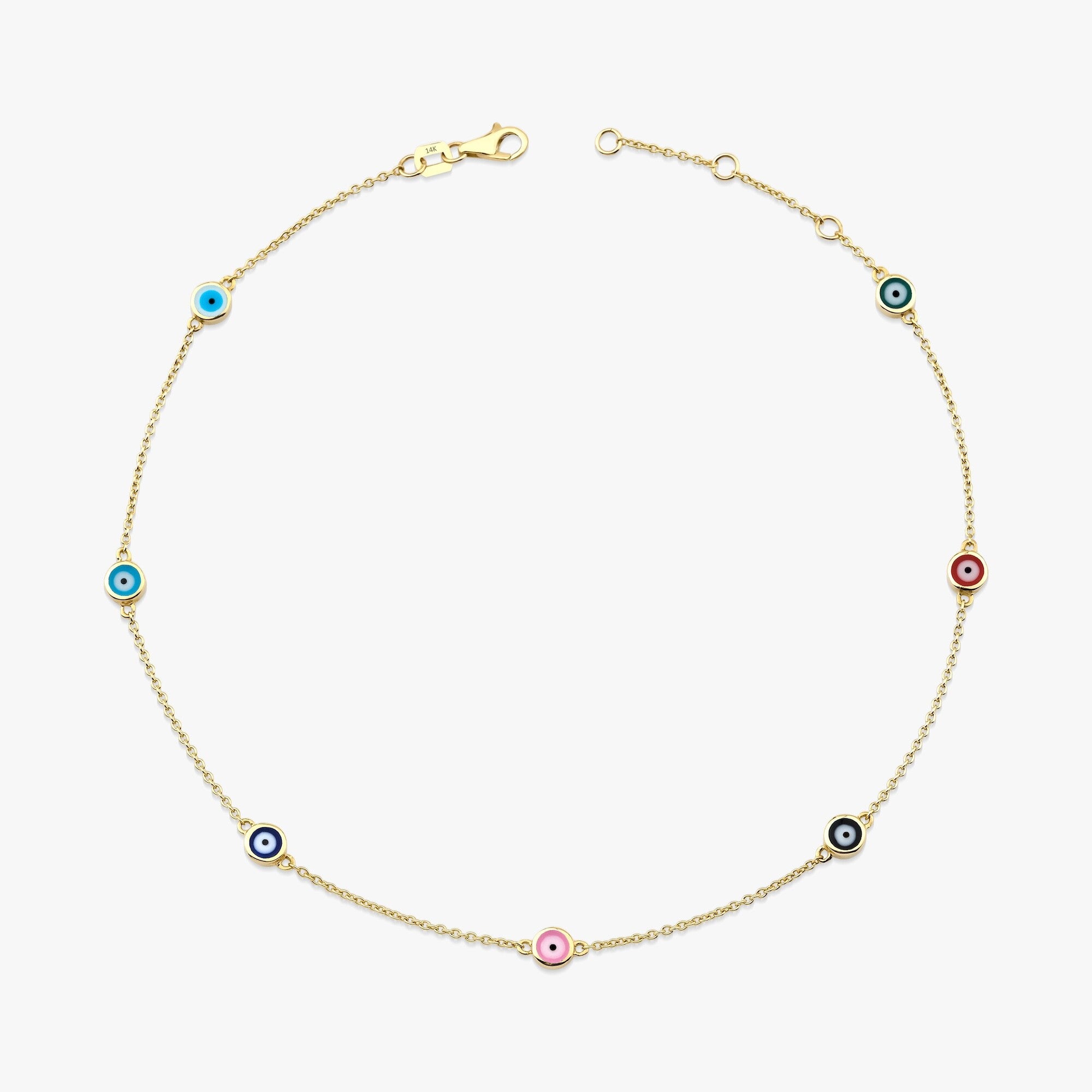 Seven Multicolor Evil Eye Anklet in 14K Gold