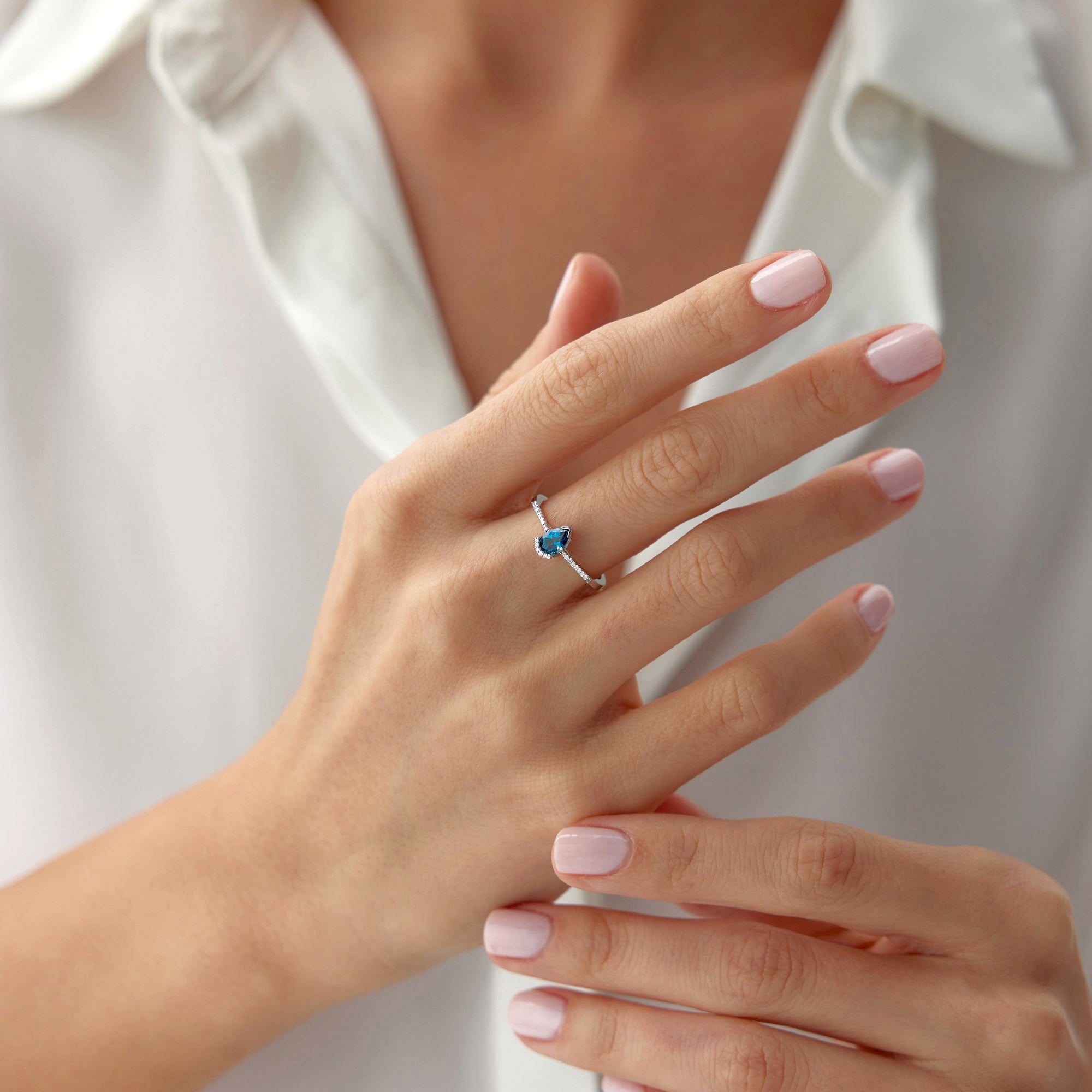 Drop Cut Blue Topaz and Diamond Stacking Ring in 14K Gold