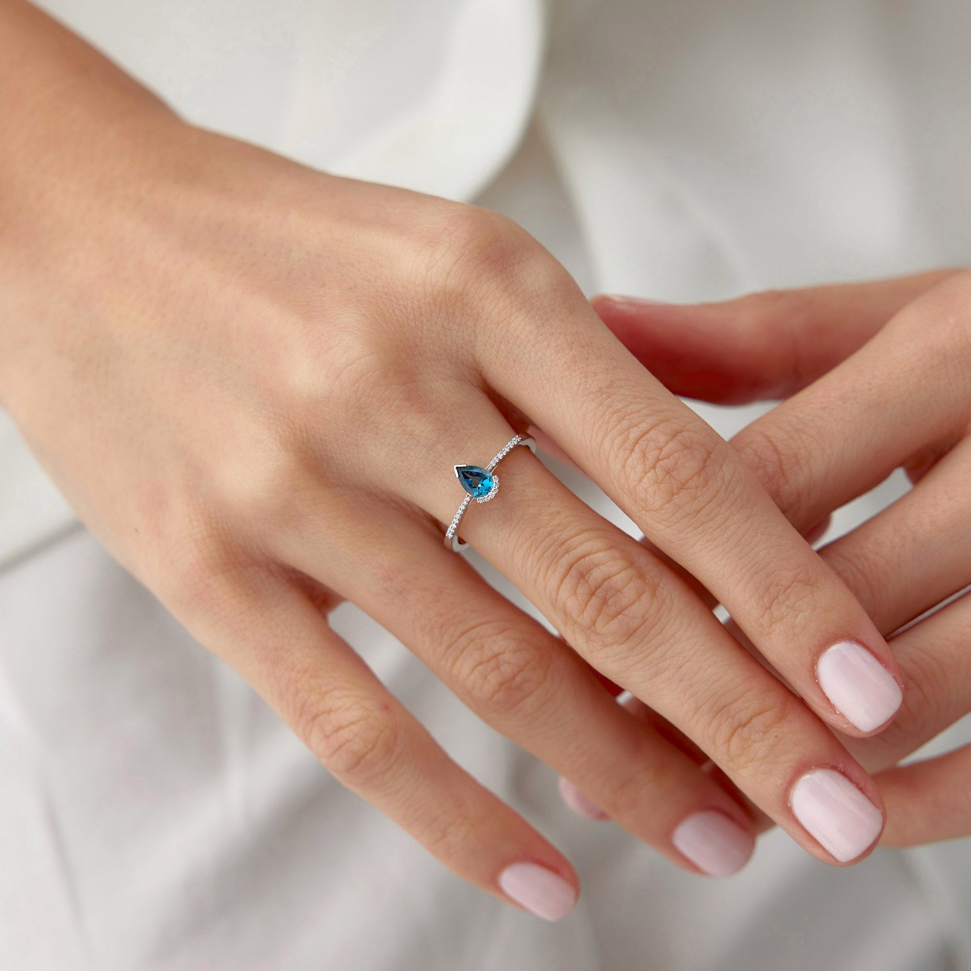 Drop Cut Blue Topaz and Diamond Stacking Ring in 14K Gold