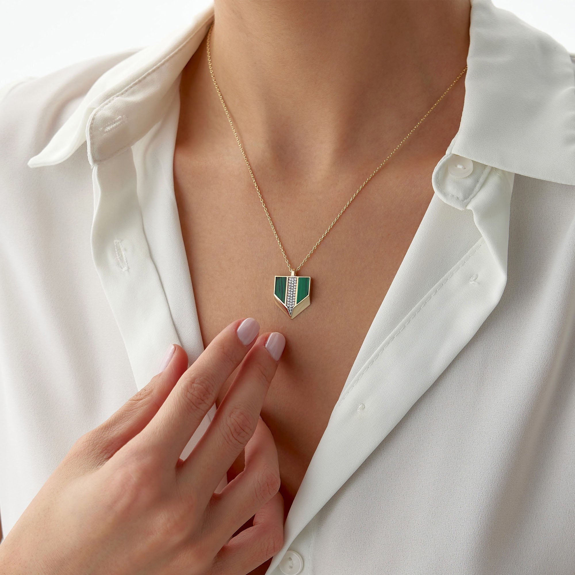 Modern Malachite and Diamond Arrow Necklace