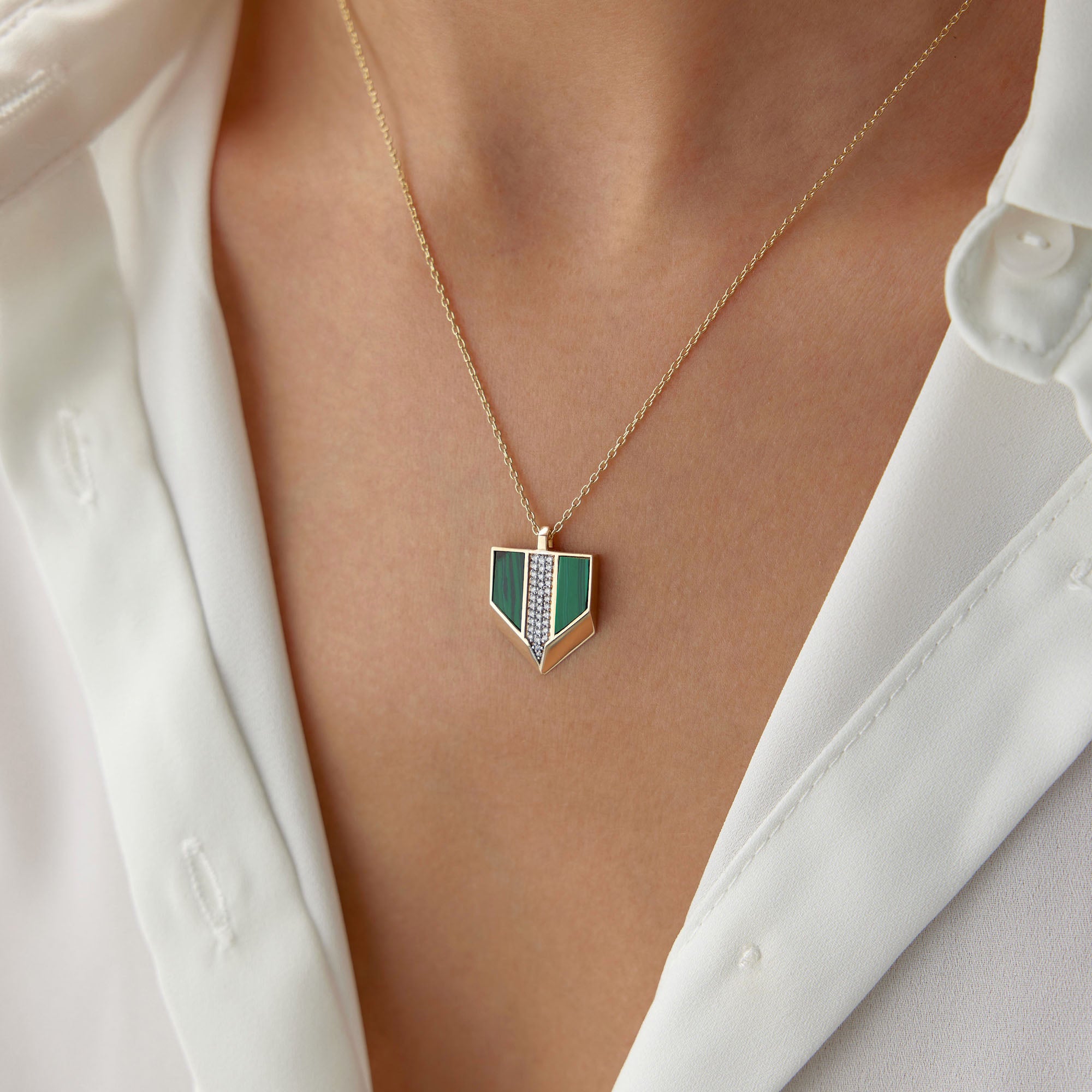 Modern Malachite and Diamond Arrow Necklace