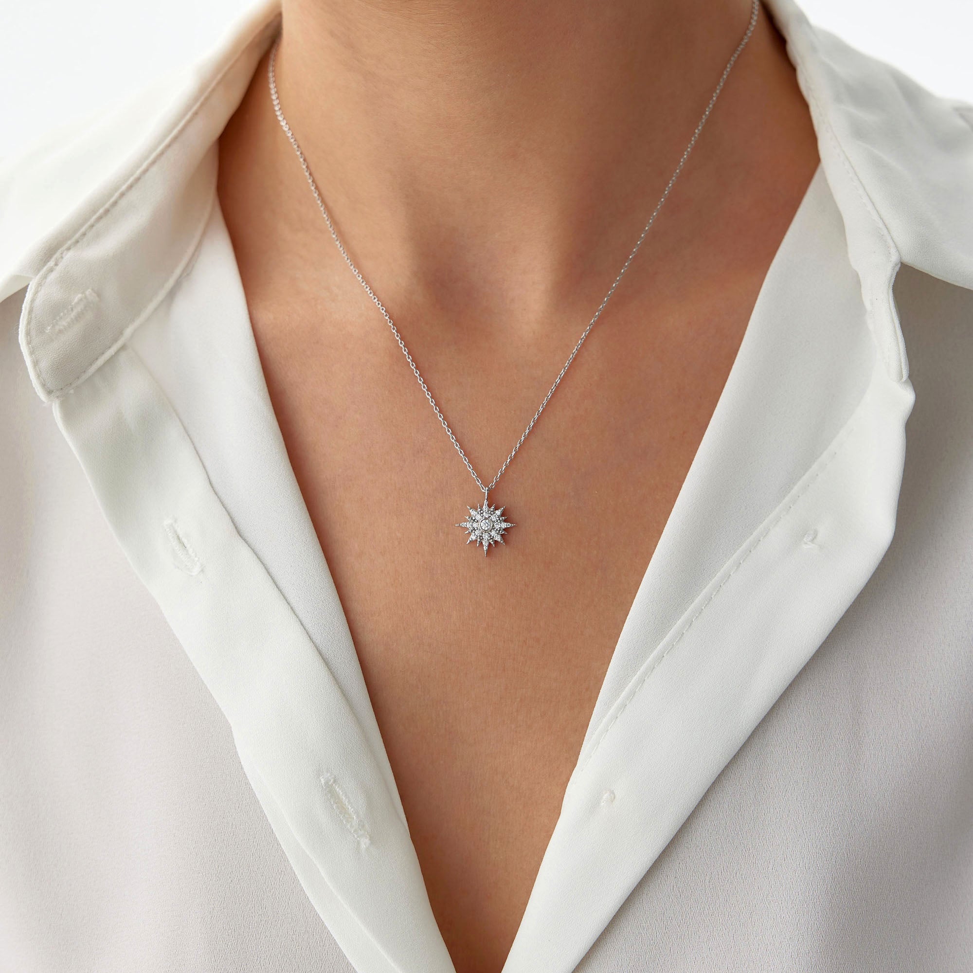 Diamond Starburst Necklace Available in 14K and 18K Gold