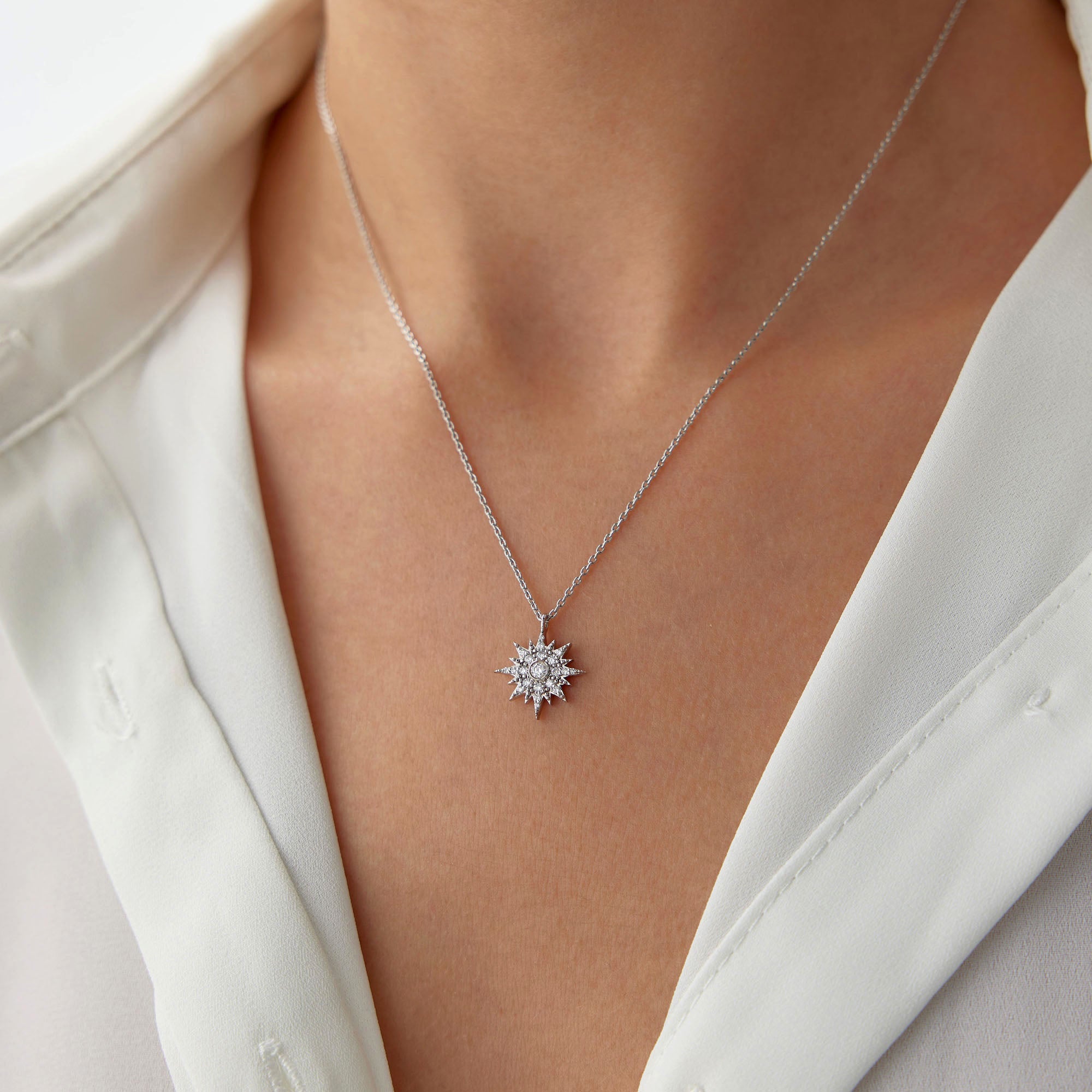 Diamond Starburst Necklace Available in 14K and 18K Gold