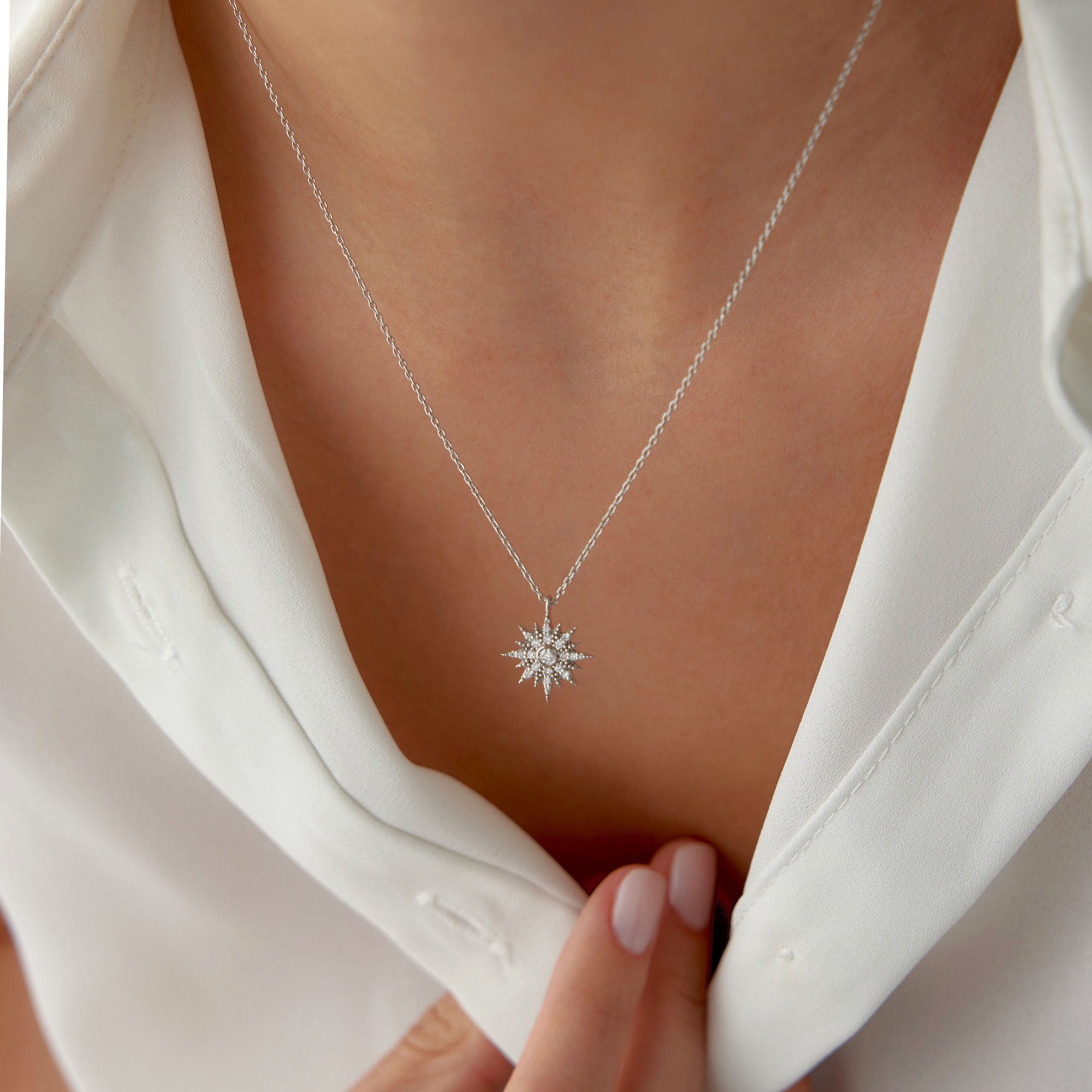 Diamond Starburst Necklace Available in 14K and 18K Gold