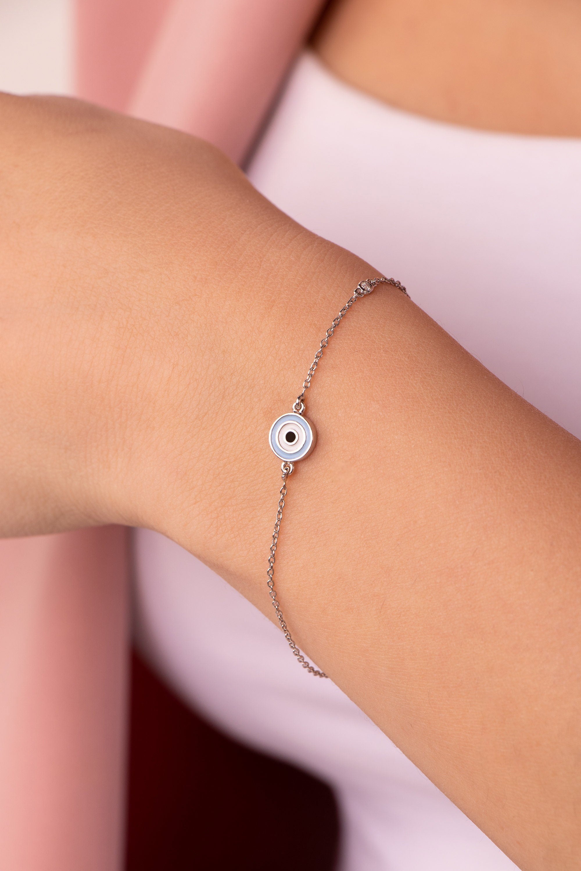 Minimal Diamond Evil Eye Bracelet In 14K Gold