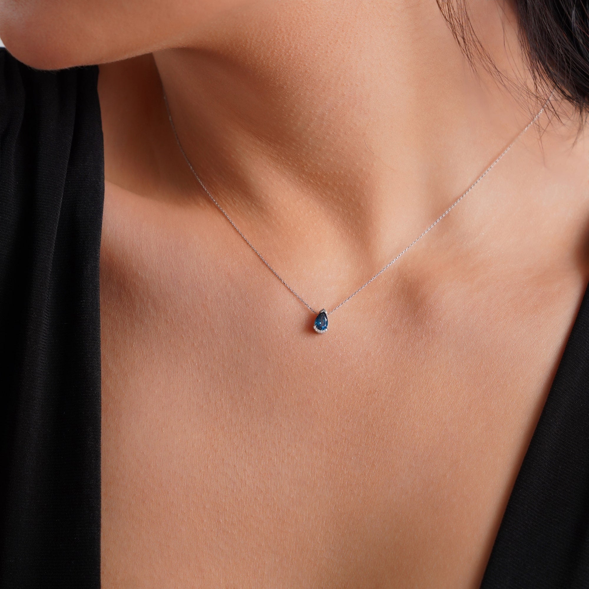 Minimal Blue Topaz and Diamond Necklace in 14K Gold