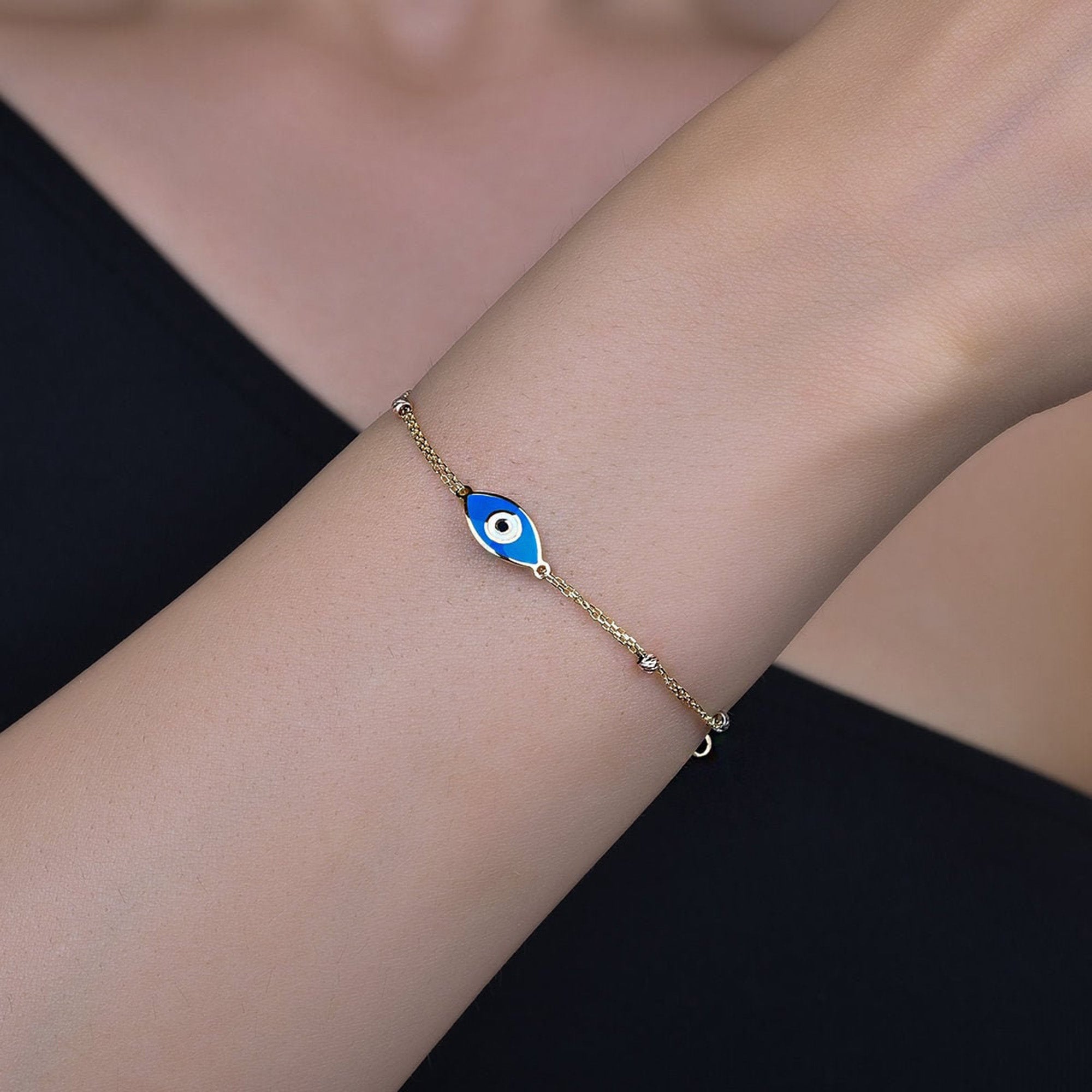 Double Chain Navy Blue Evil Eye Bracelet in 14K Gold