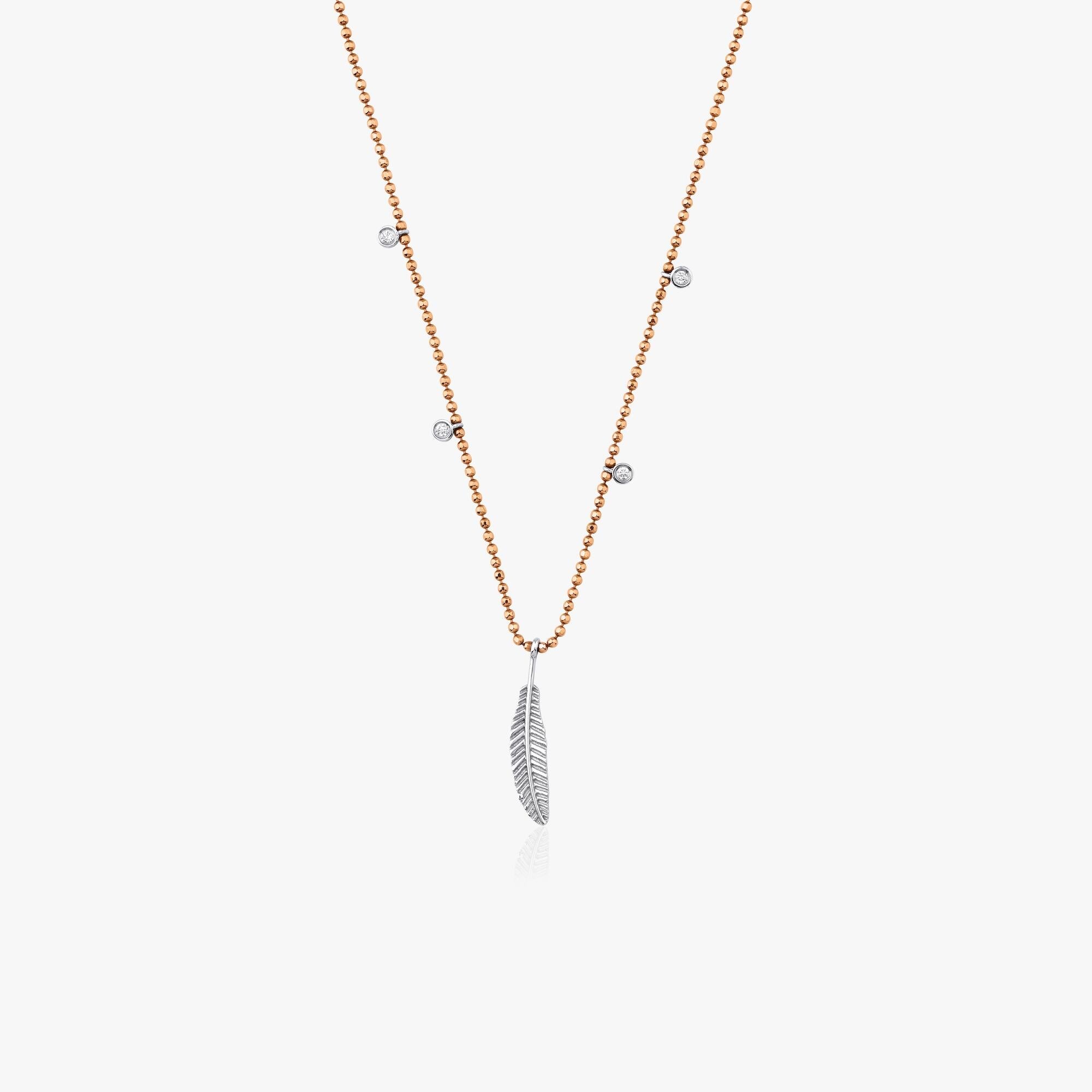 Diamond Feather Station Necklace in 14K Gold