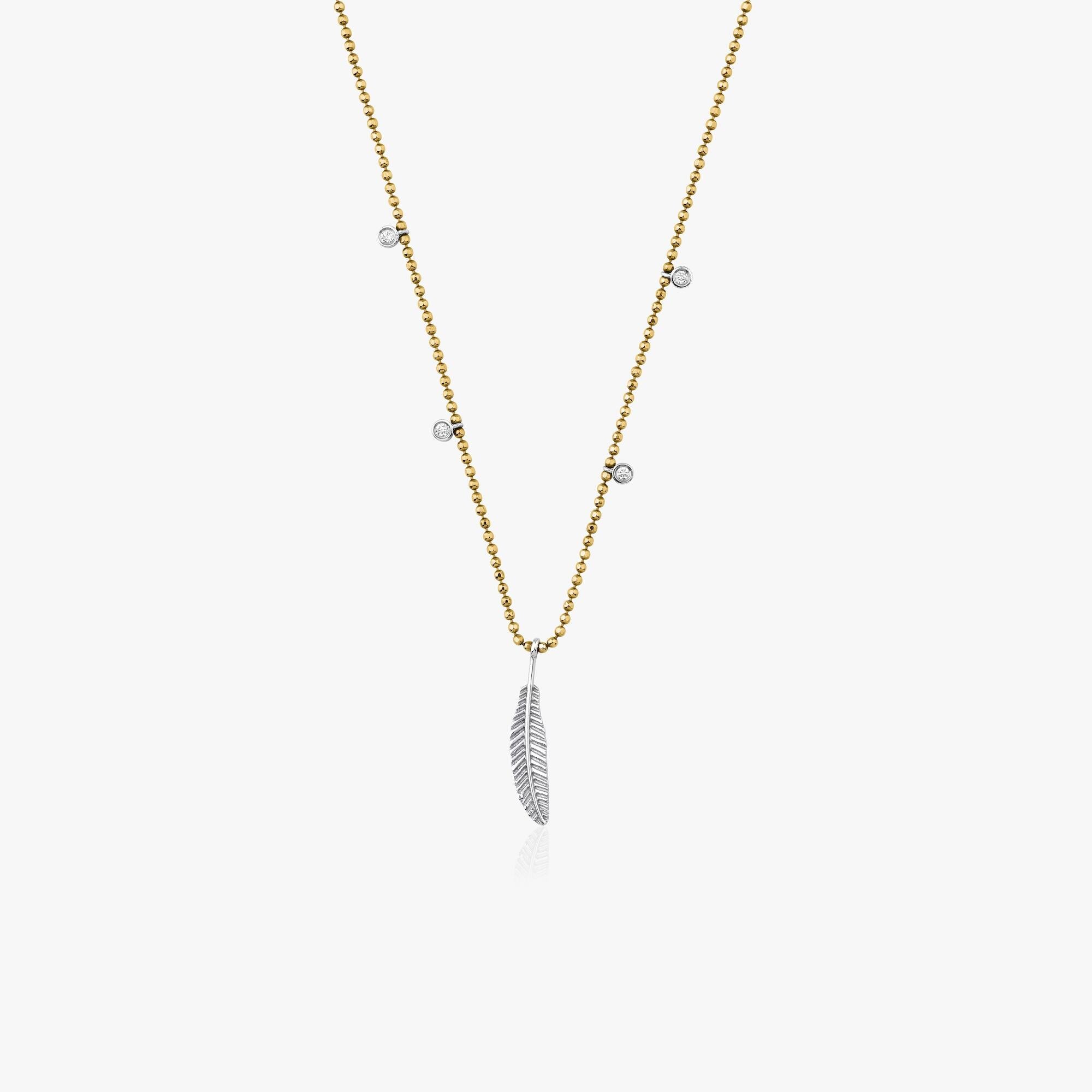 Diamond Feather Station Necklace in 14K Gold