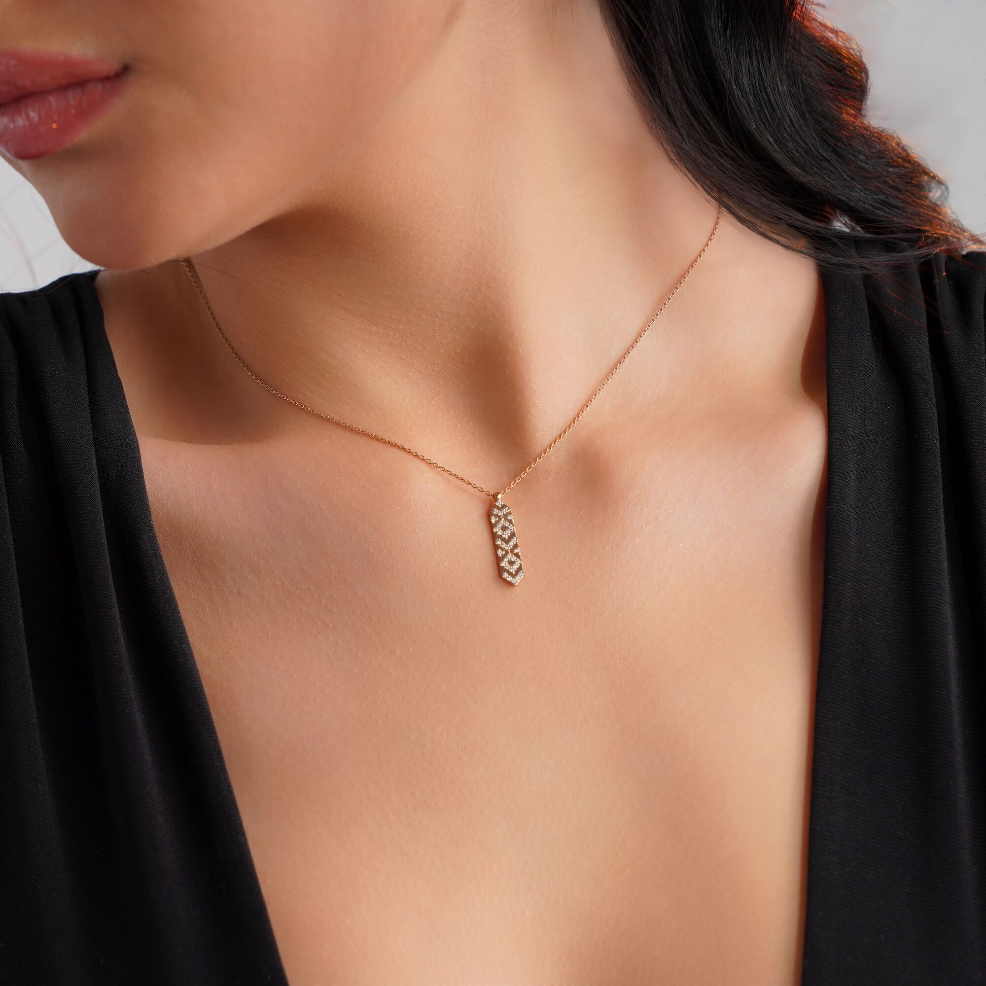 Diamond Vertical Talisman Bar Necklace Available in 14K and 18K Gold