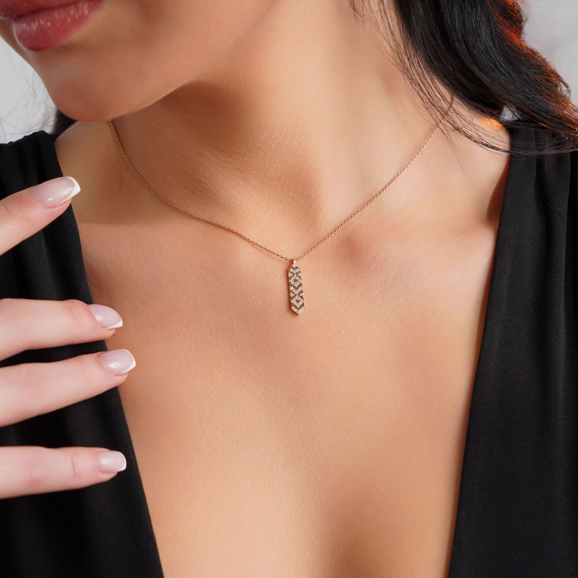 Diamond Vertical Talisman Bar Necklace Available in 14K and 18K Gold