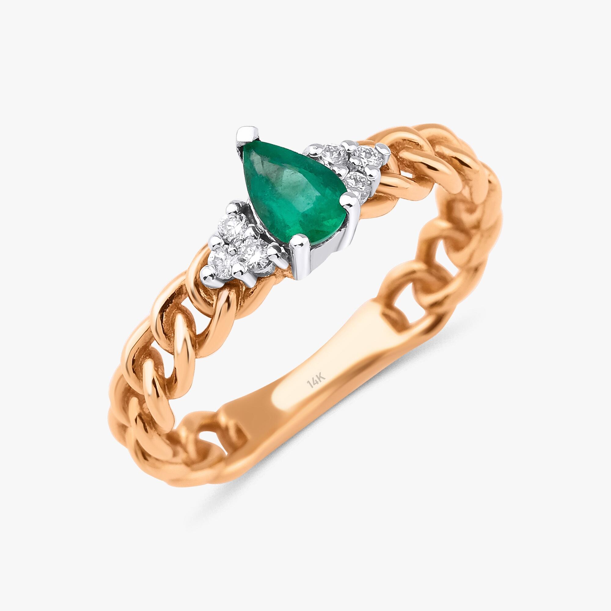 Emerald and Diamond Chain Ring in 14K Gold