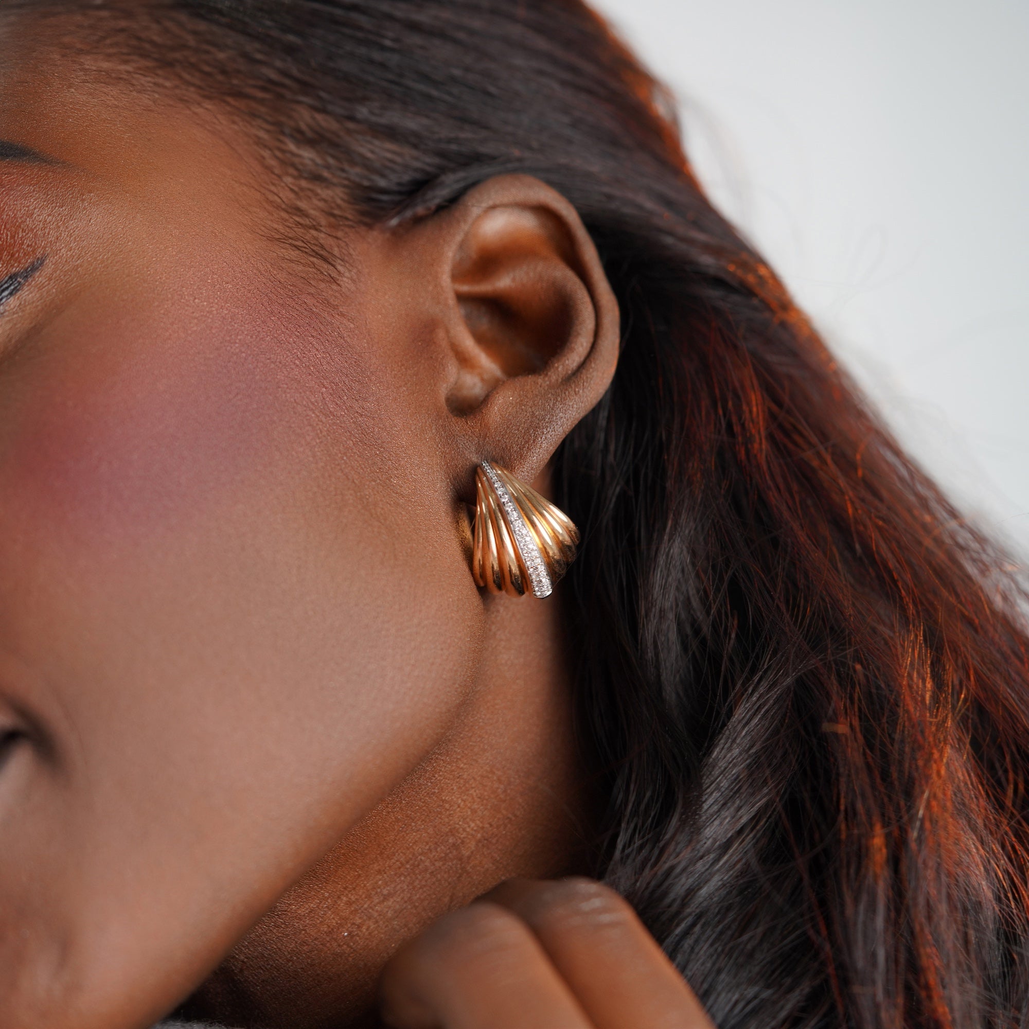 Large Diamond Croissant Hoop Earrings Available in 14K and 18K Gold