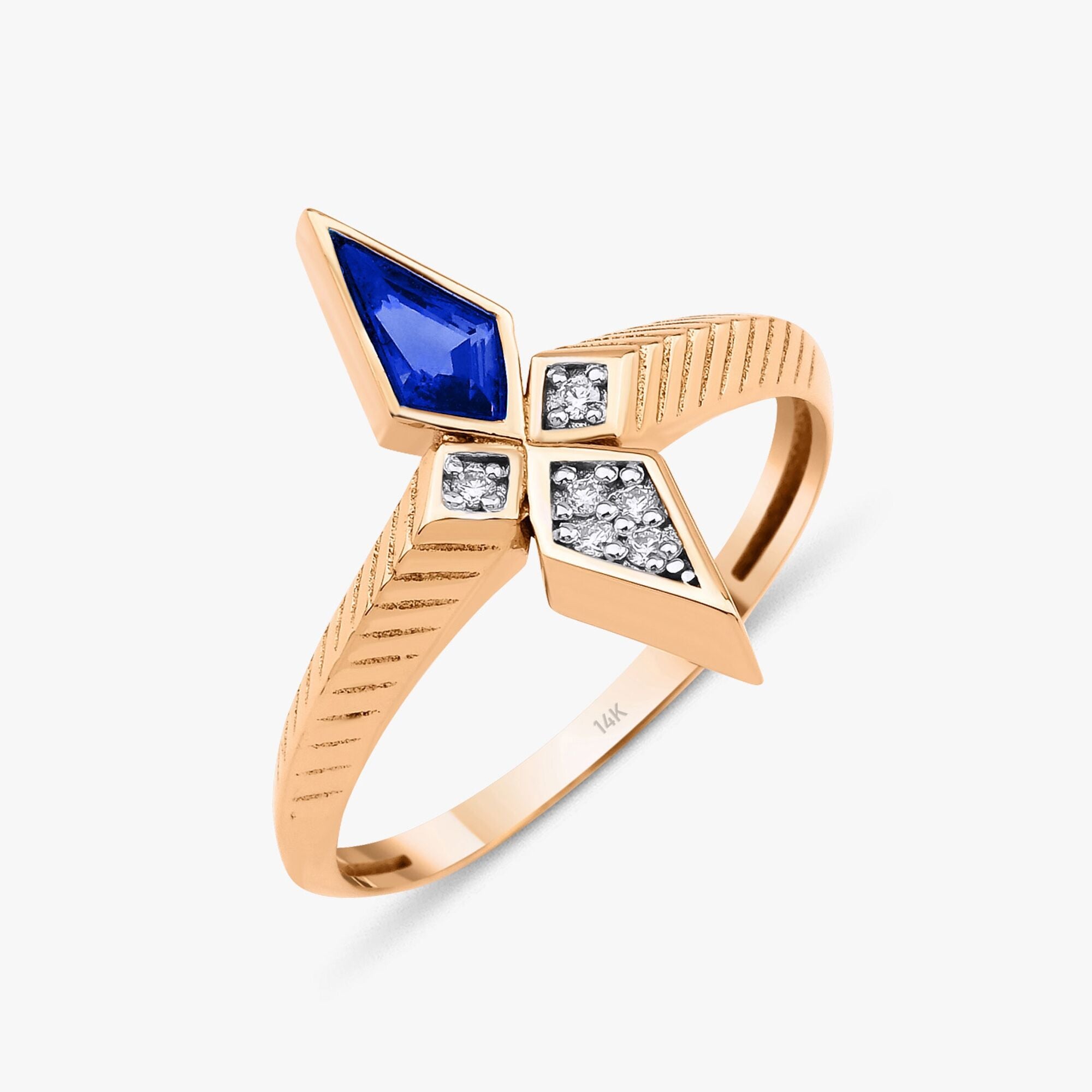 Kite Cut Sapphire and Diamond Ring in 14K Gold