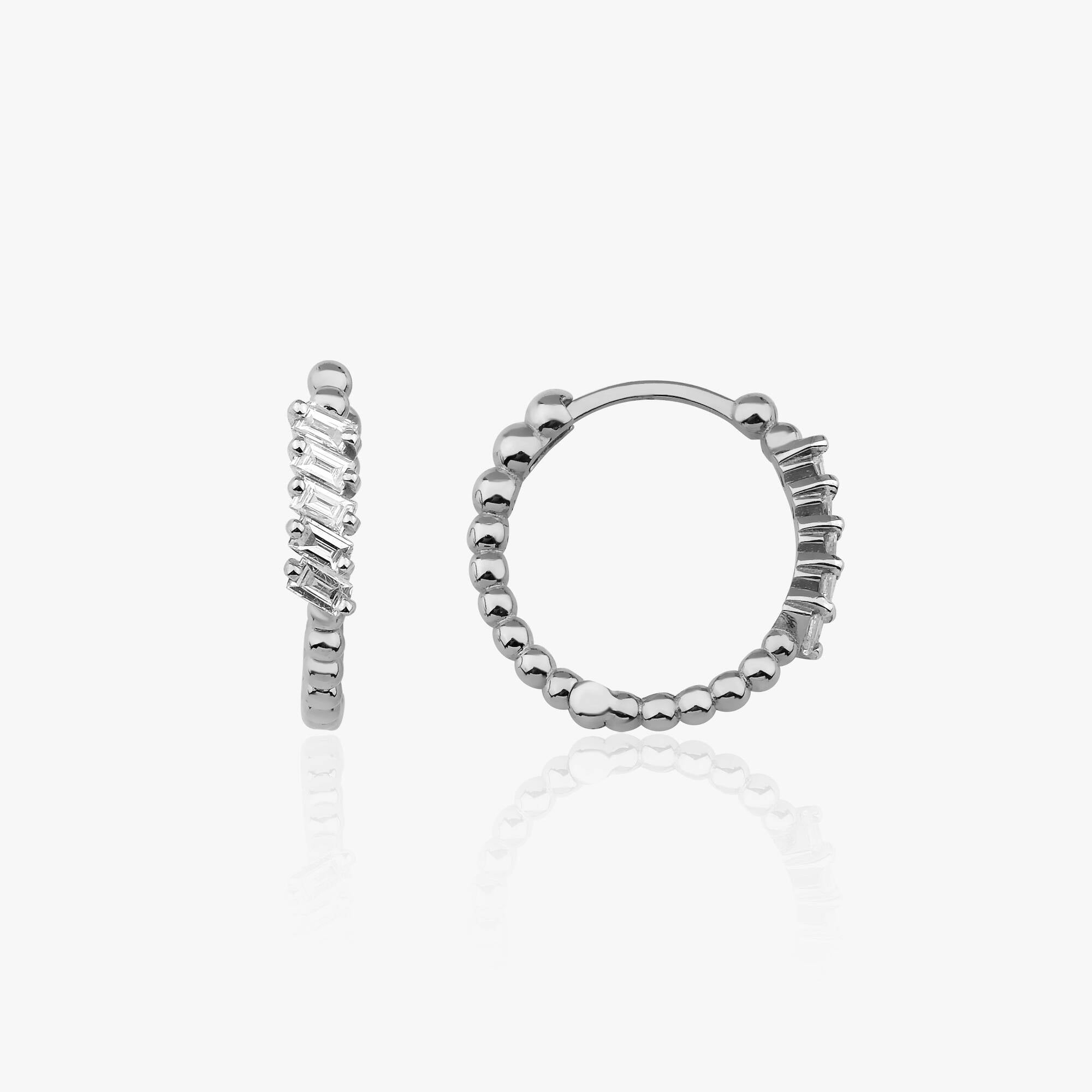 Beaded Baguette Diamond Hoop Earrings Available in 14K and 18K Gold