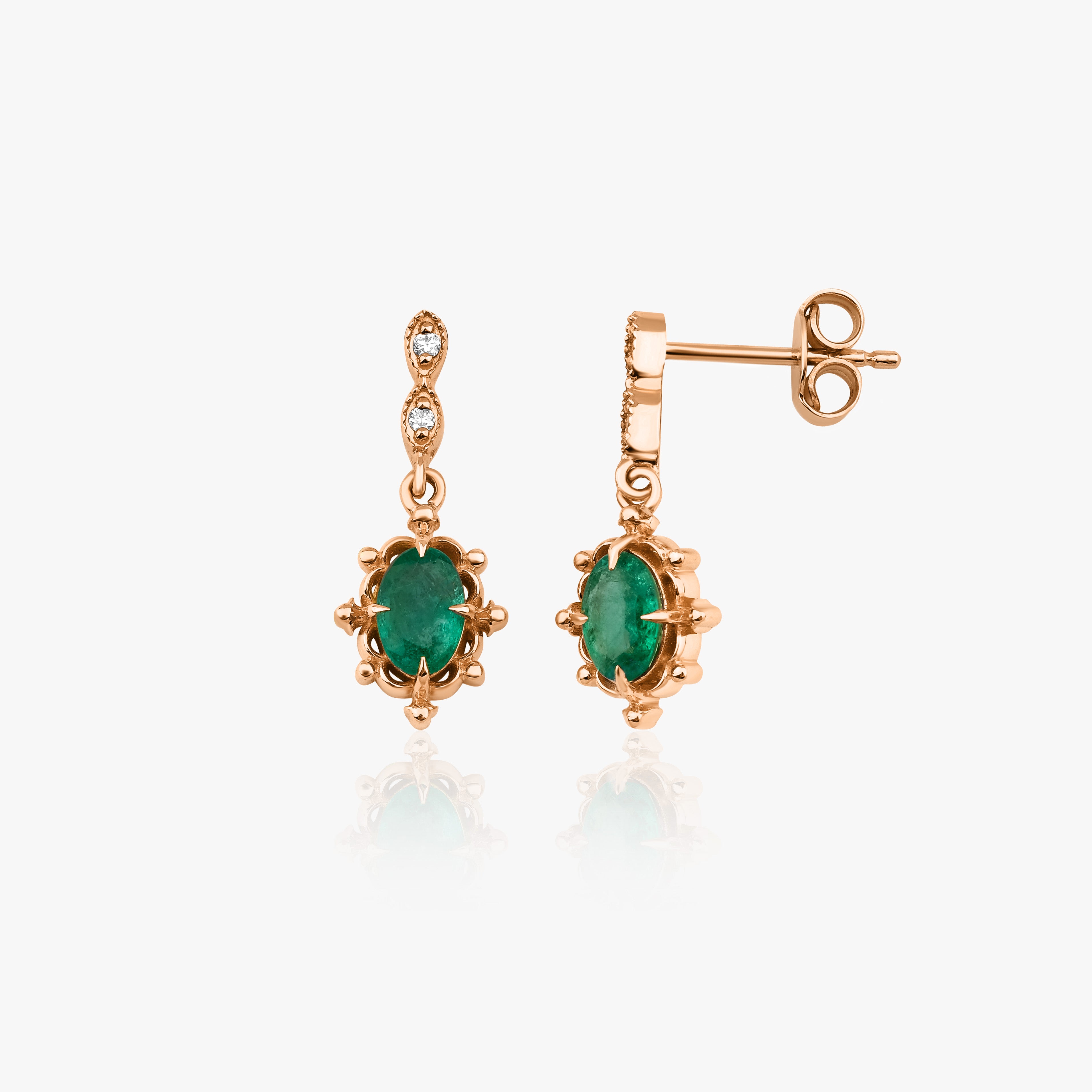 Vintage Style Emerald and Diamond Earrings Available in 14K and 18K Gold