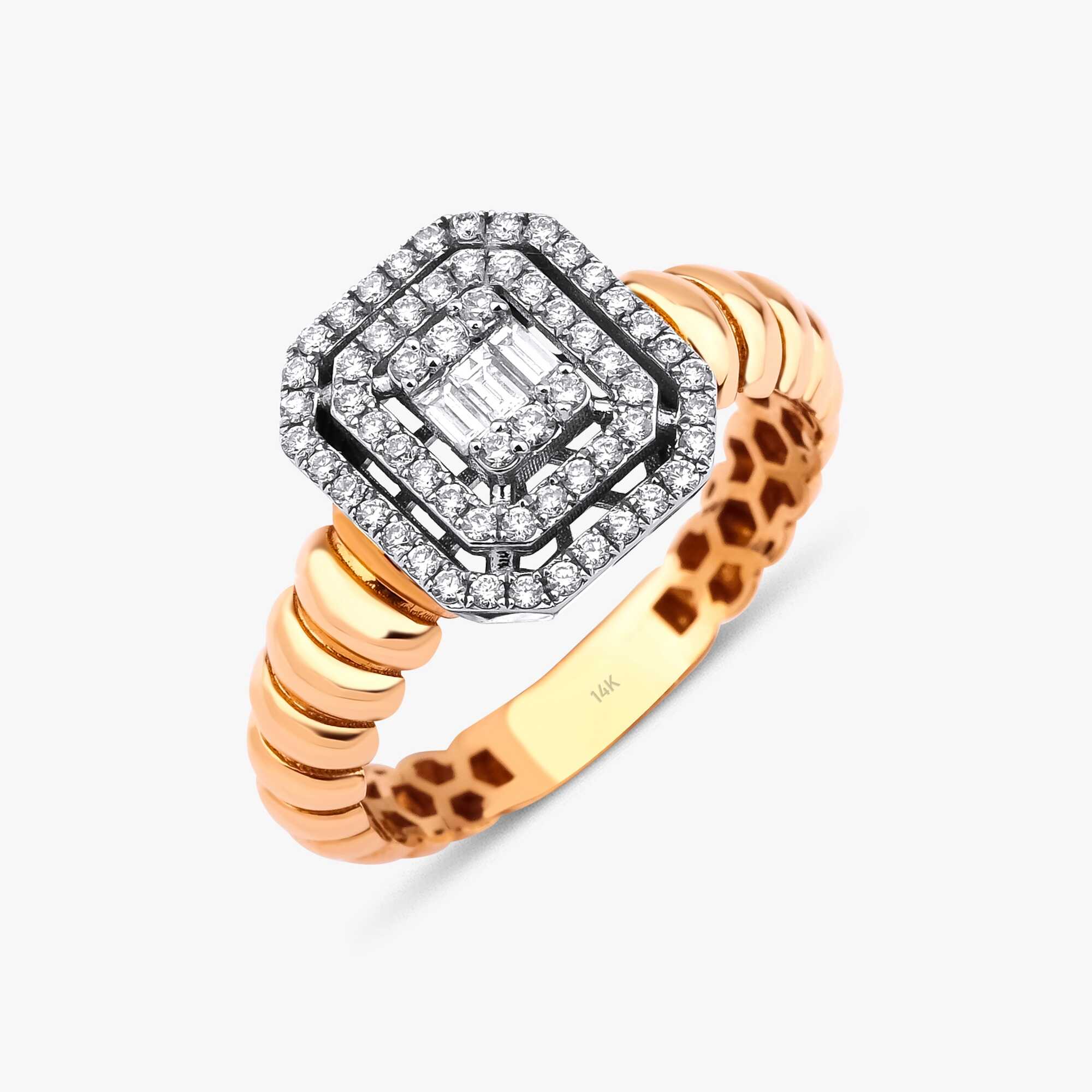 Double Halo Baguette Ring in 14K Gold