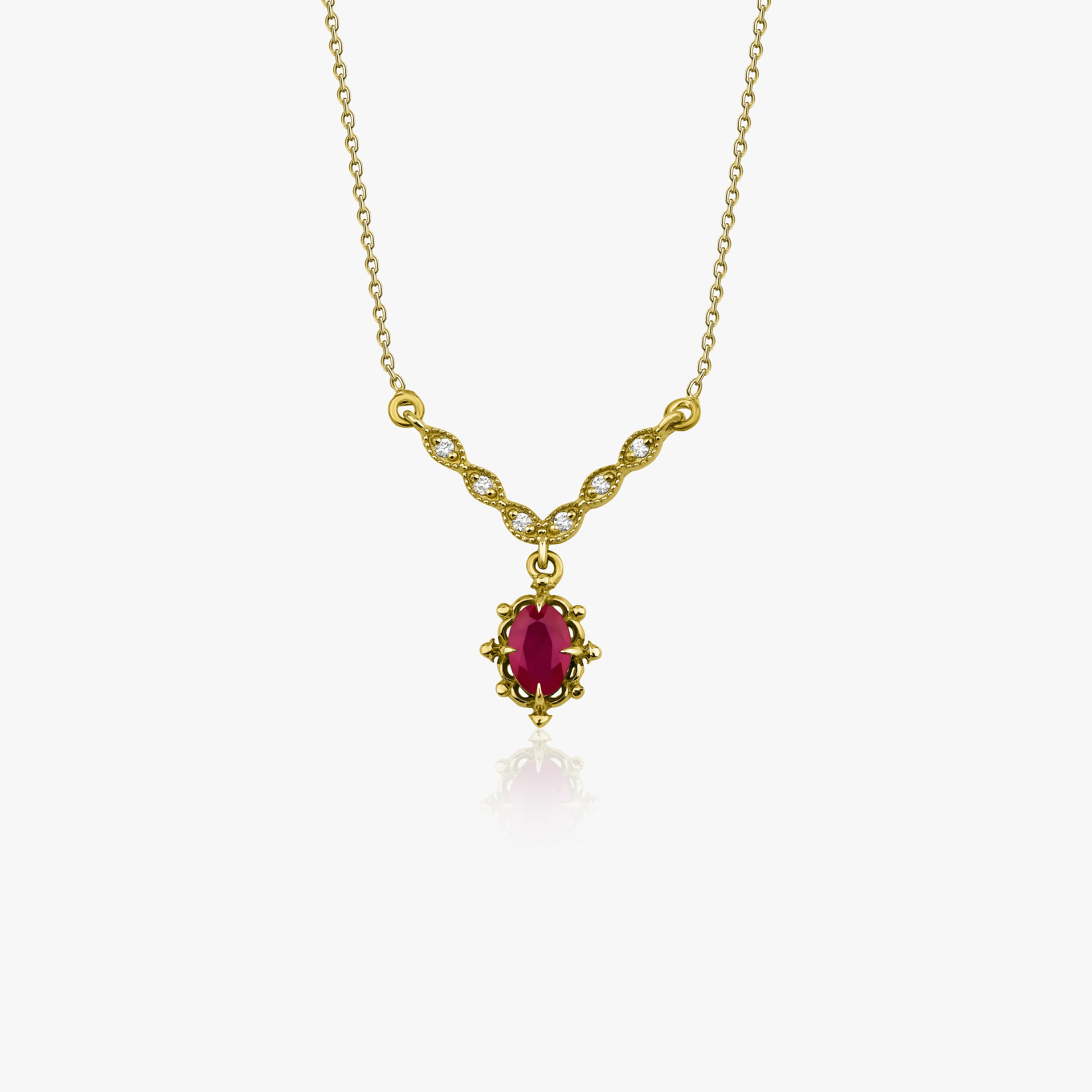 Vintage Style Ruby and Diamond Necklace Available in 14K and 18K Gold