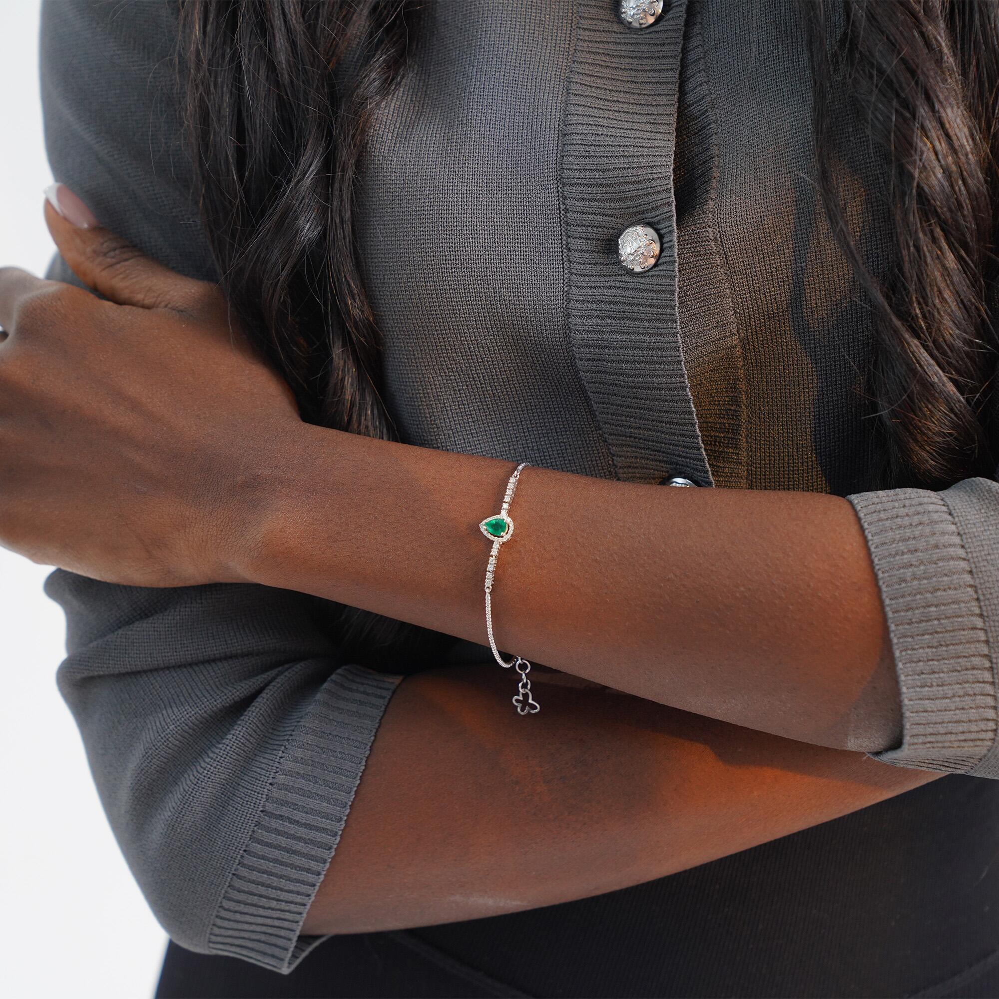 Drop Cut Emerald and Diamond Bangle Bracelet in 18K Gold