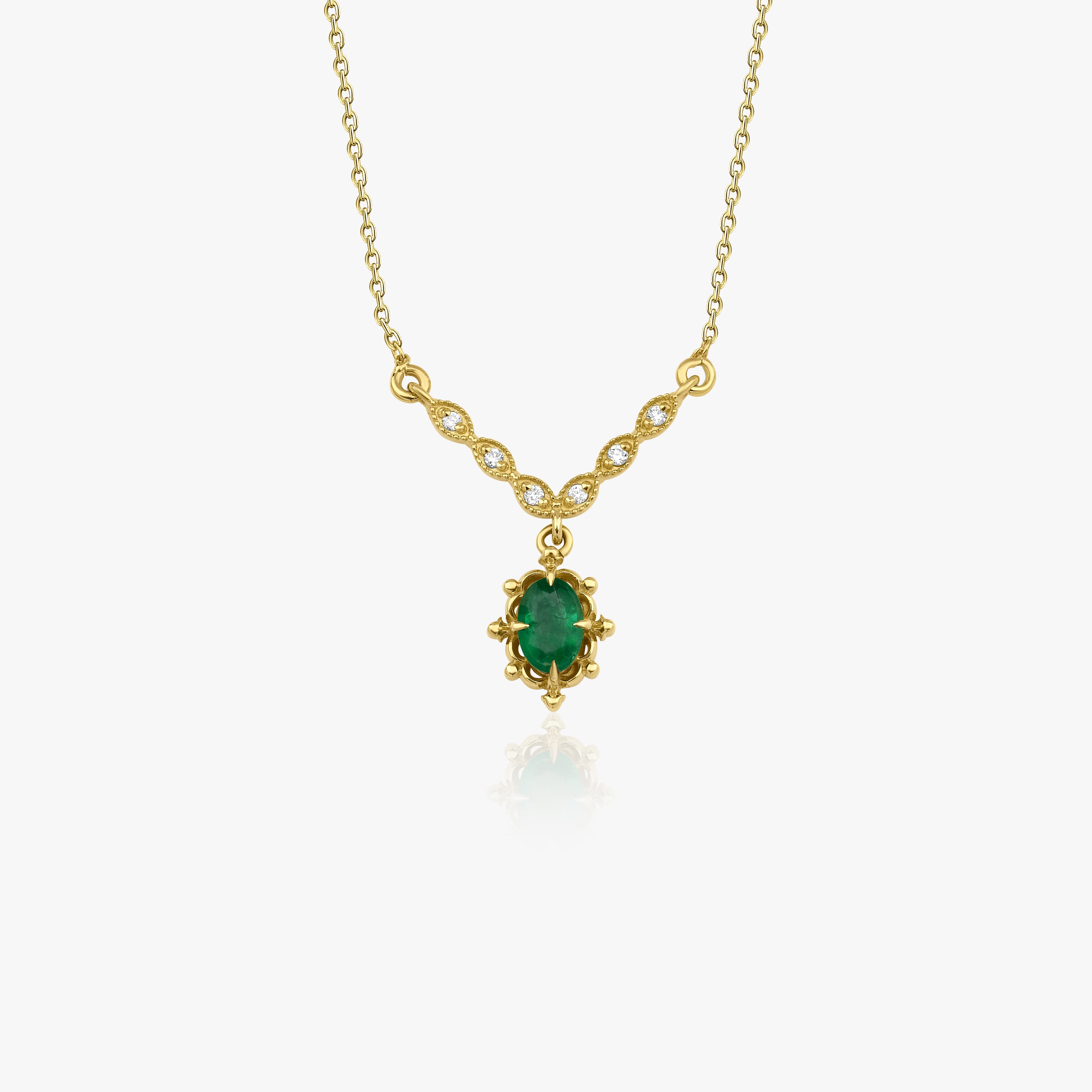 Vintage Style Diamond and Emerald Necklace Available in 14K and 18K Gold