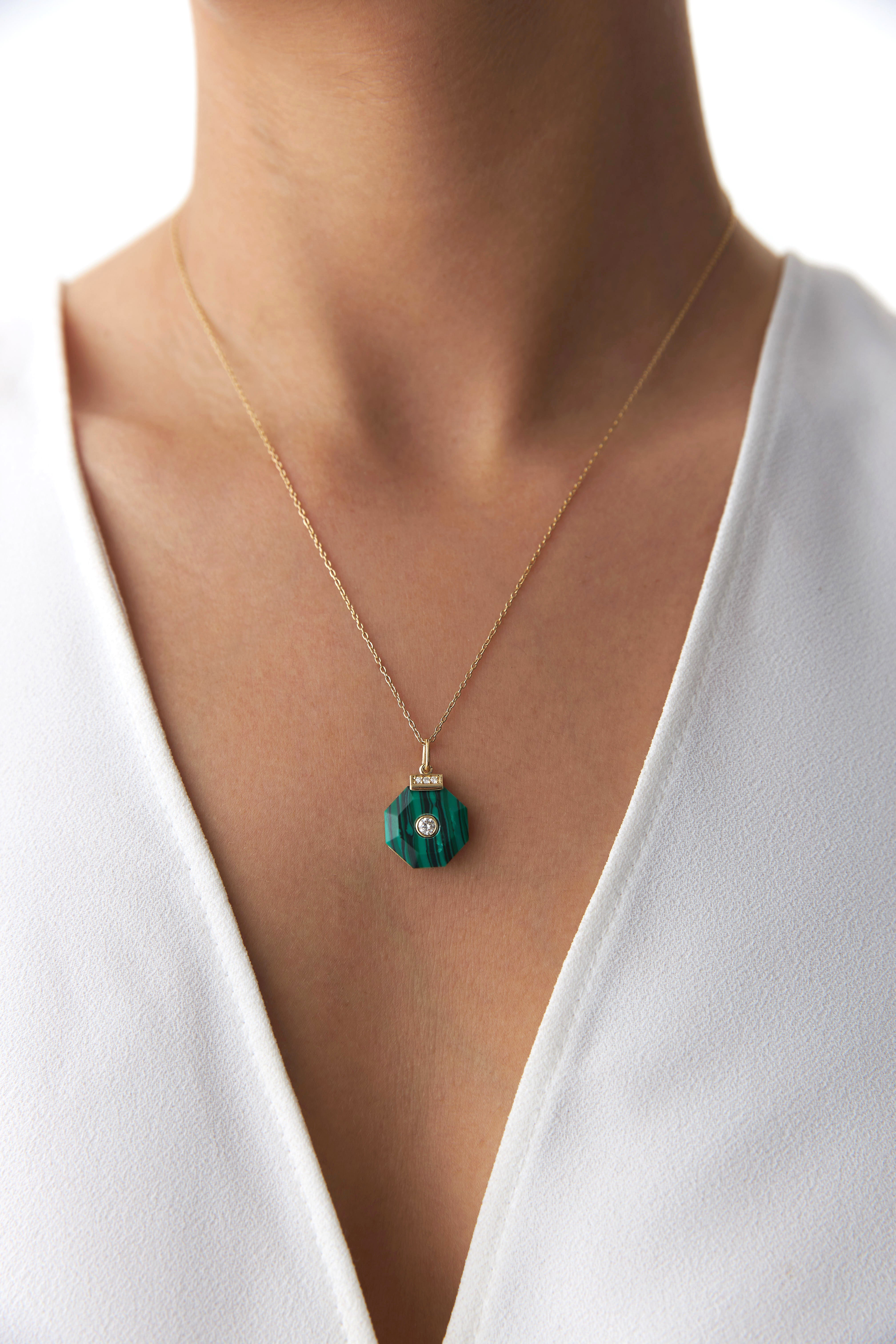 Diamond and Malachite Pendant Necklace in 14K Gold