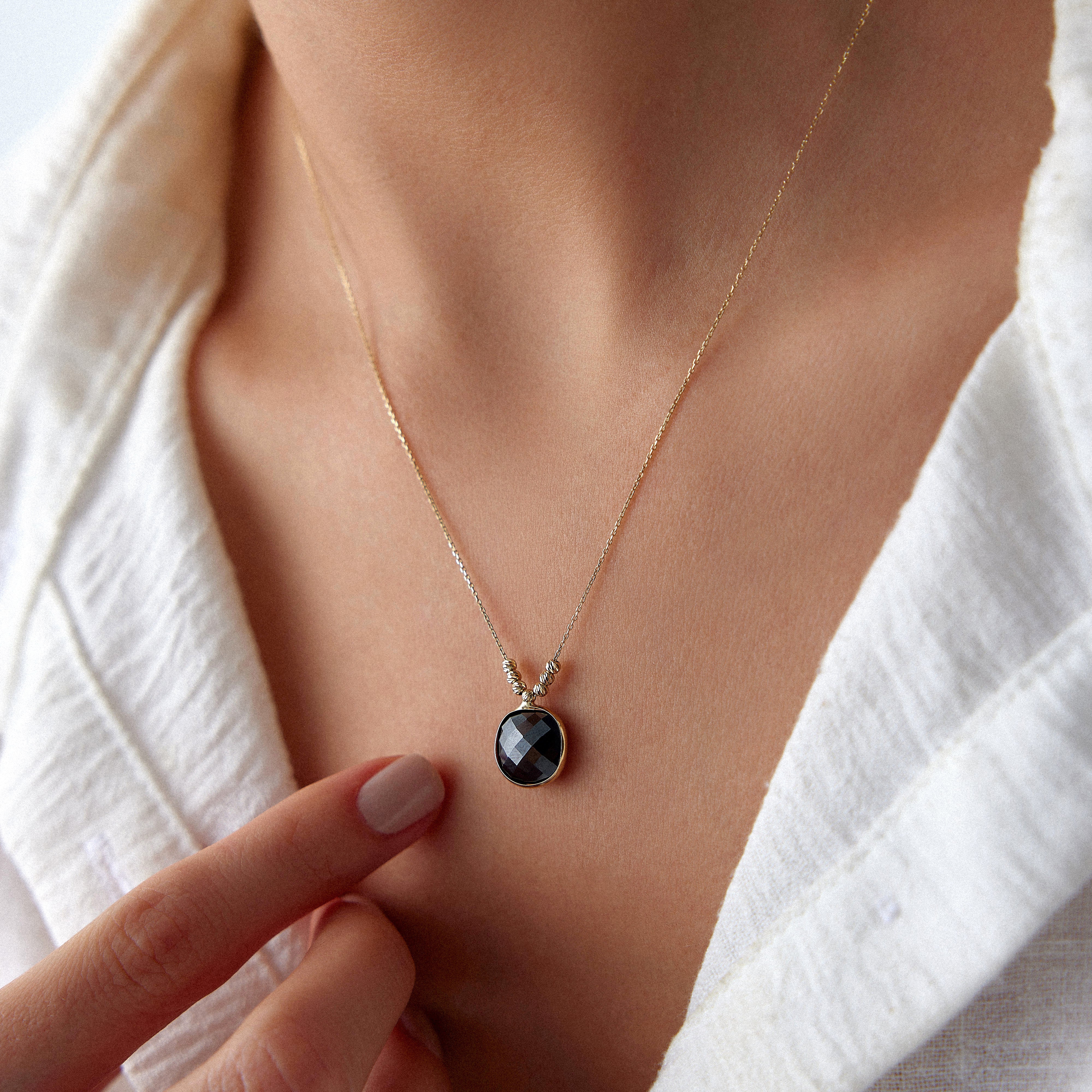 Black Crystal Pendant Necklace in 14K Gold