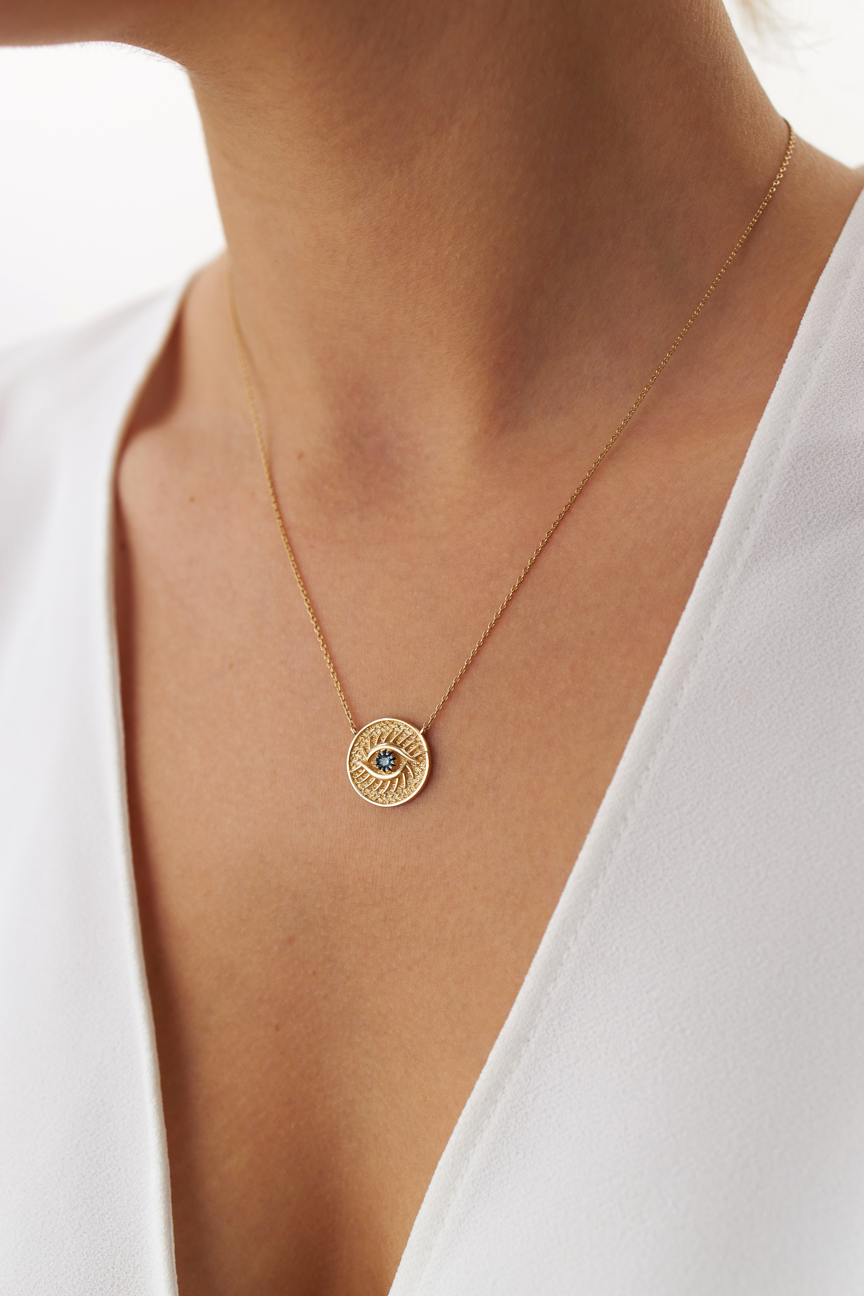 Vintage Blue Diamond Eye Medallion Necklace Available in 14K and 18K Gold