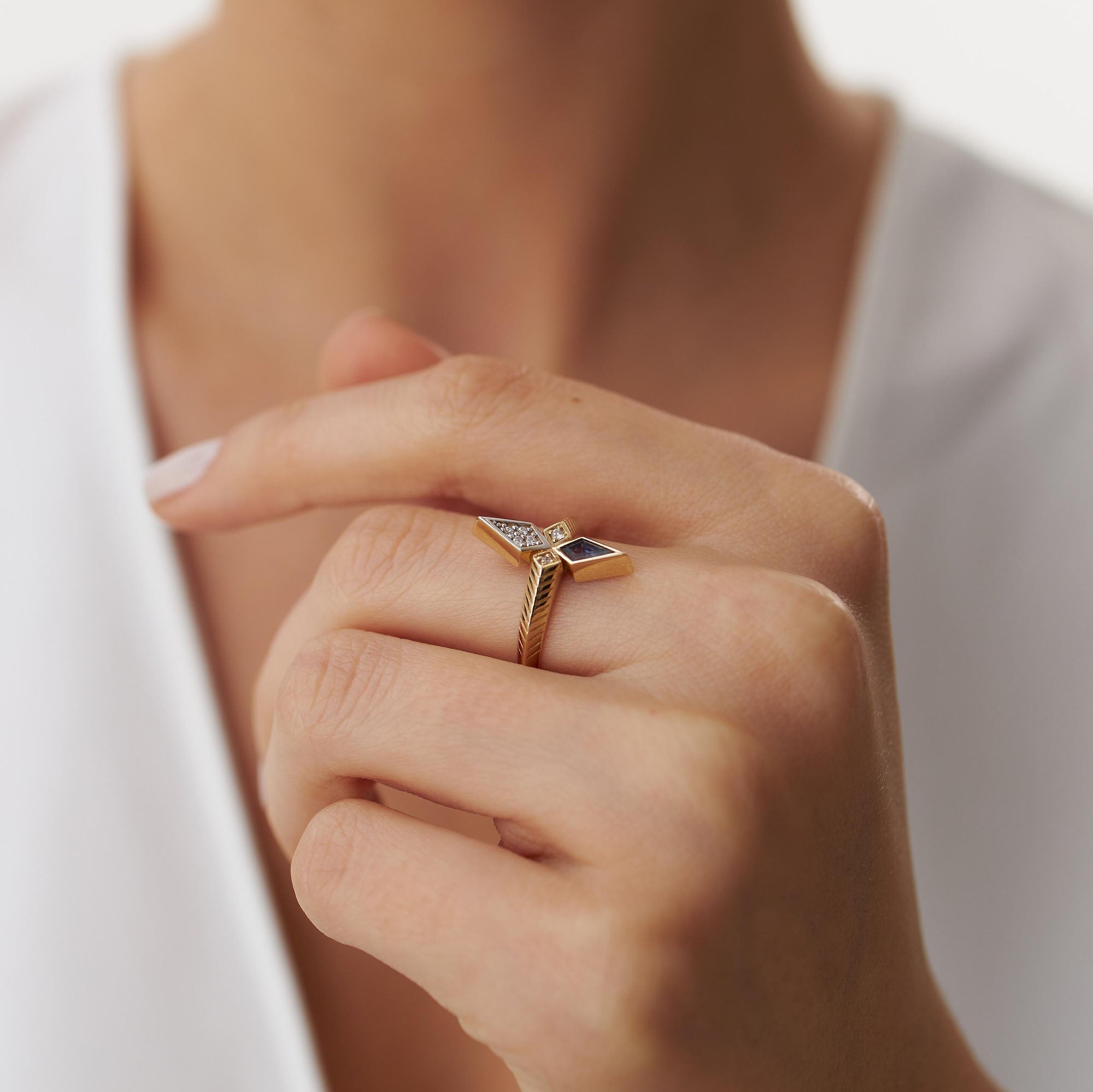 Kite Cut Sapphire and Diamond Ring in 14K Gold