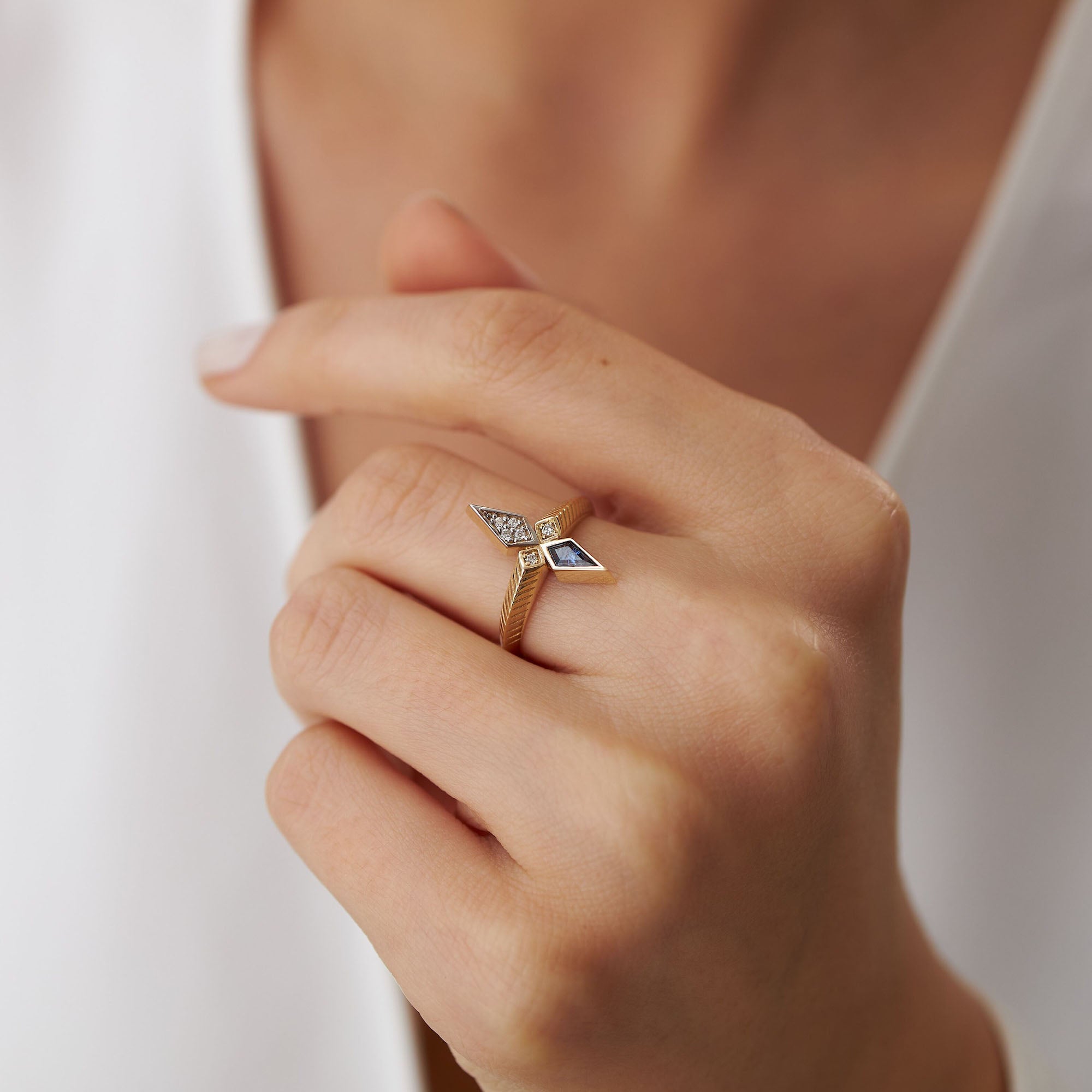 Kite Cut Sapphire and Diamond Ring in 14K Gold