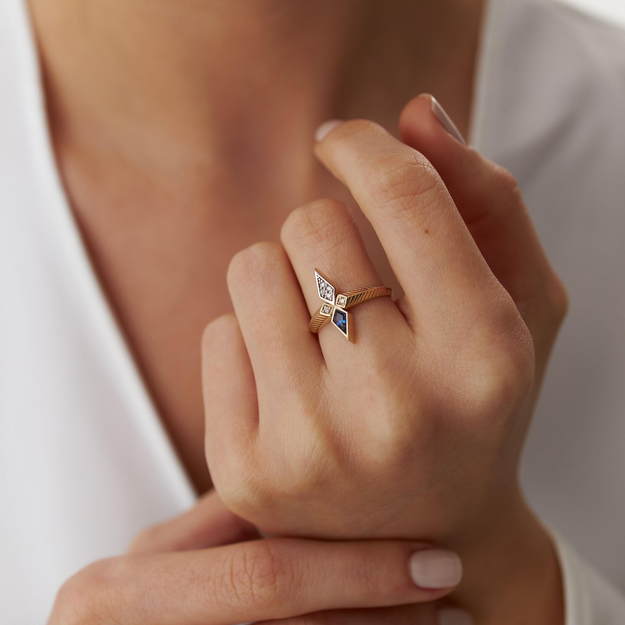 Kite Cut Sapphire and Diamond Ring in 14K Gold