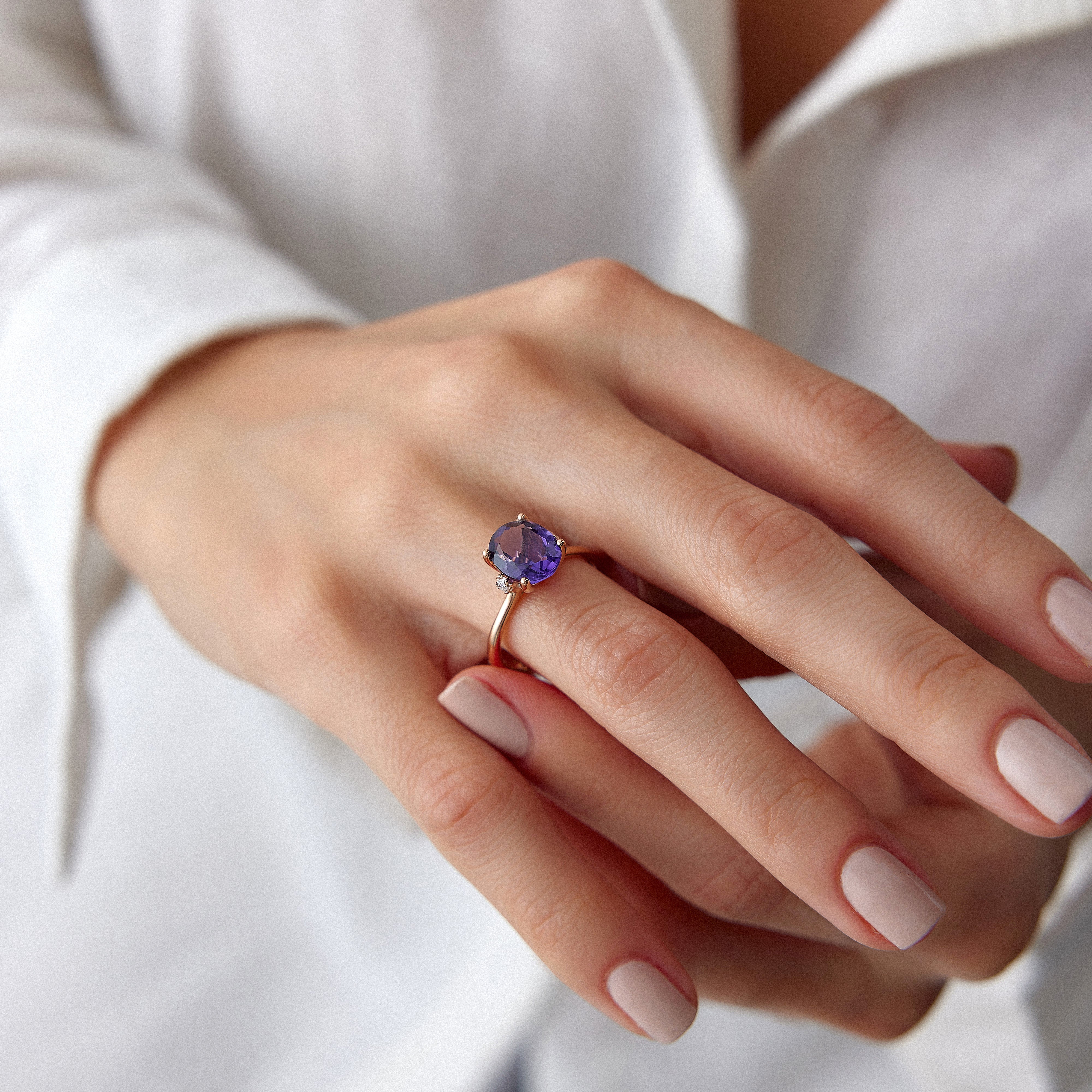 Oval Cut Purple Zirconia and Diamond Cocktail Ring in 14K Gold
