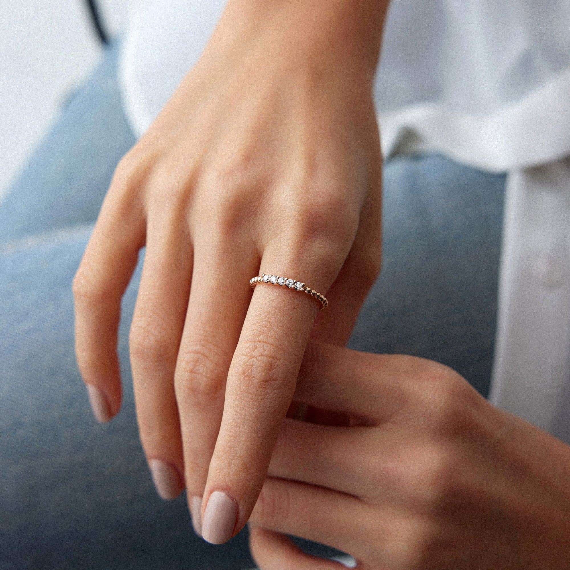 5 Diamond Beaded Stacking Ring in 14K Gold