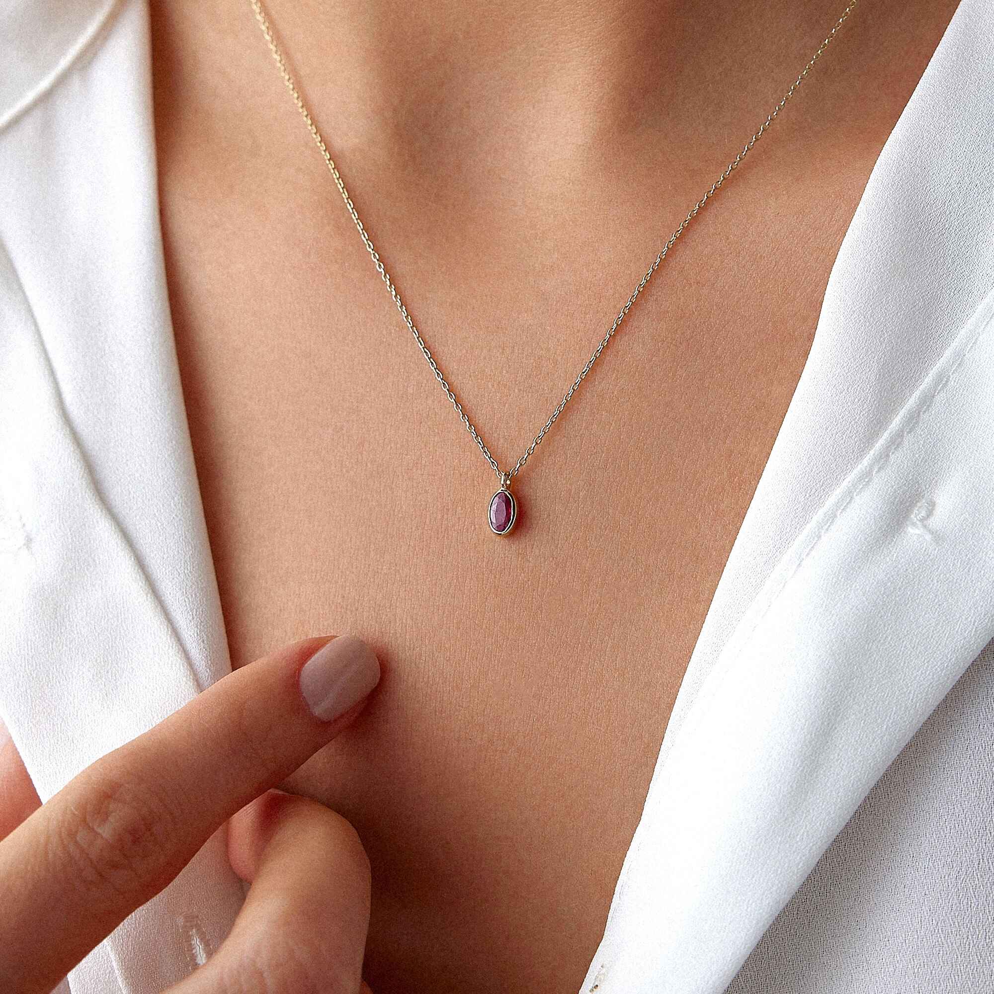 Oval Cut Ruby Solitaire Necklace Available in 14K and 18K Gold