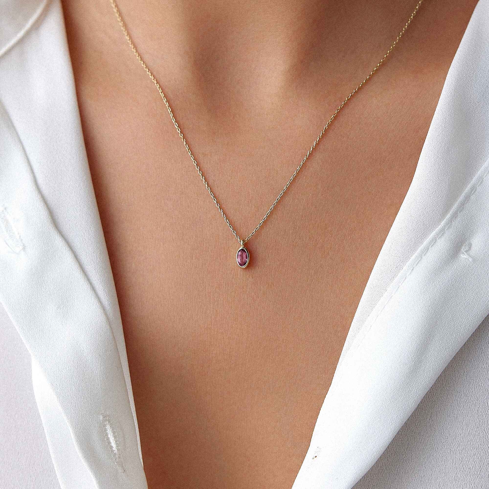 Oval Cut Pink Tourmaline Solitaire Necklace Available in 14K and 18K Gold