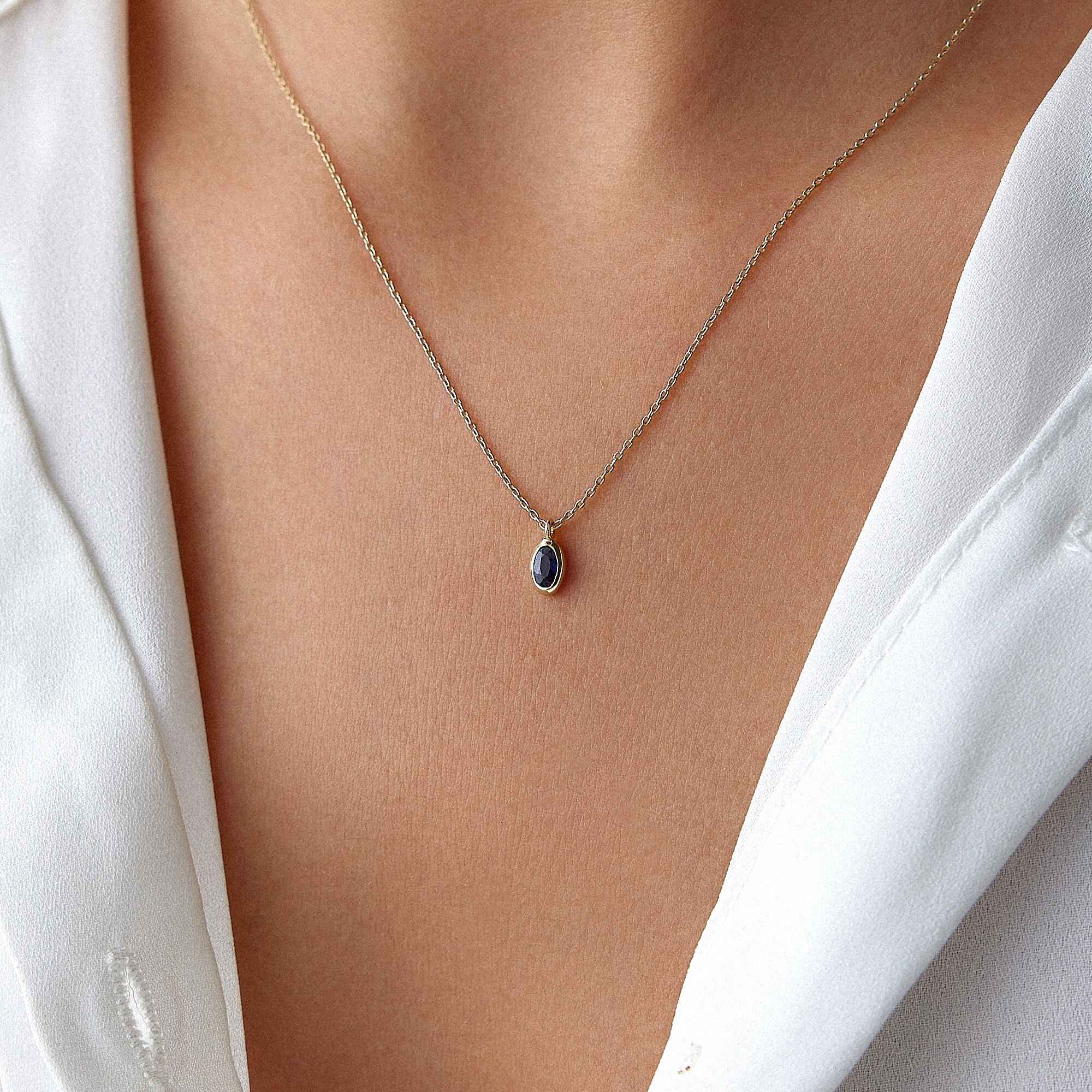 Oval Cut Blue Sapphire Solitaire Necklace Available in 14K and 18K Gold