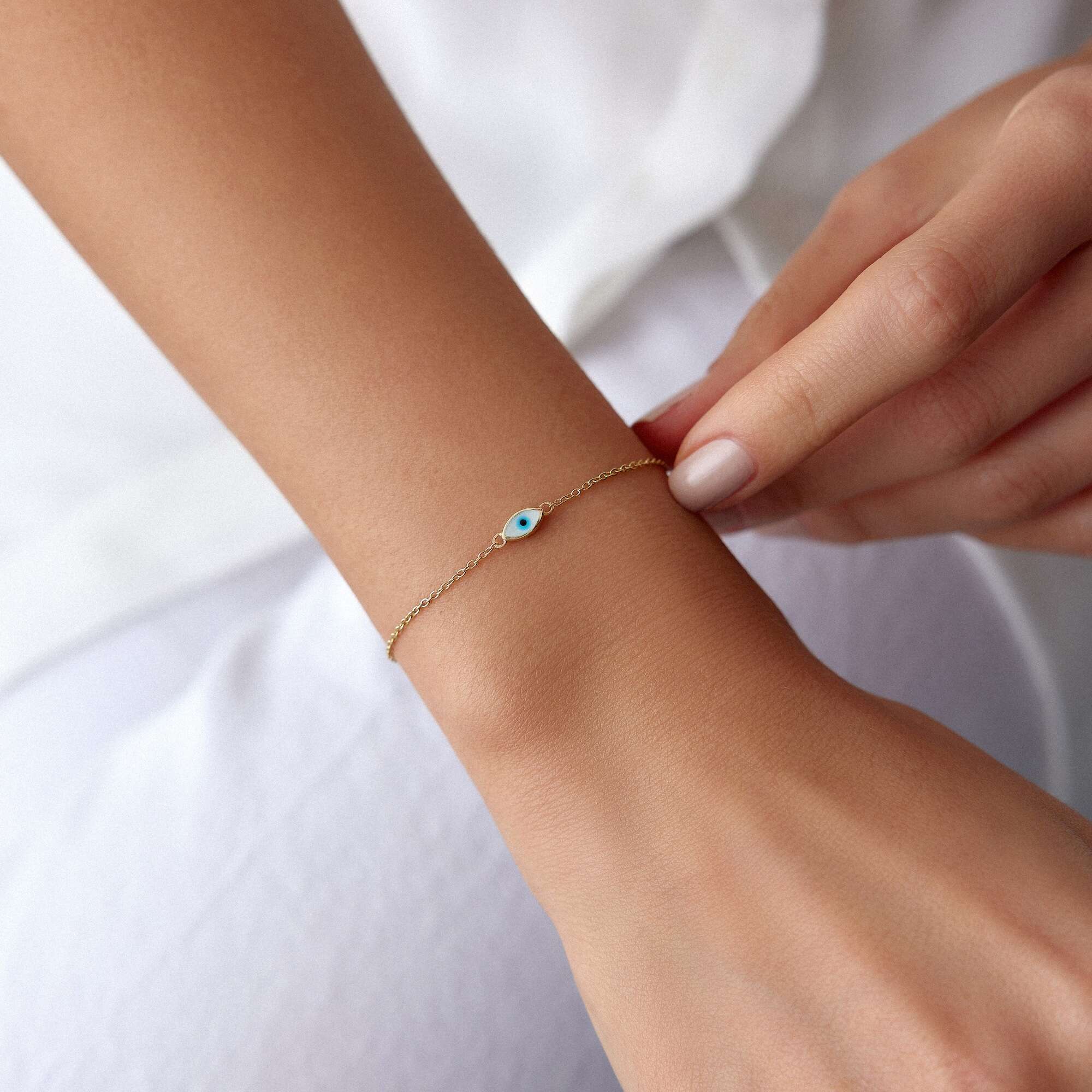 White Evil Eye Bracelet in 14K Gold