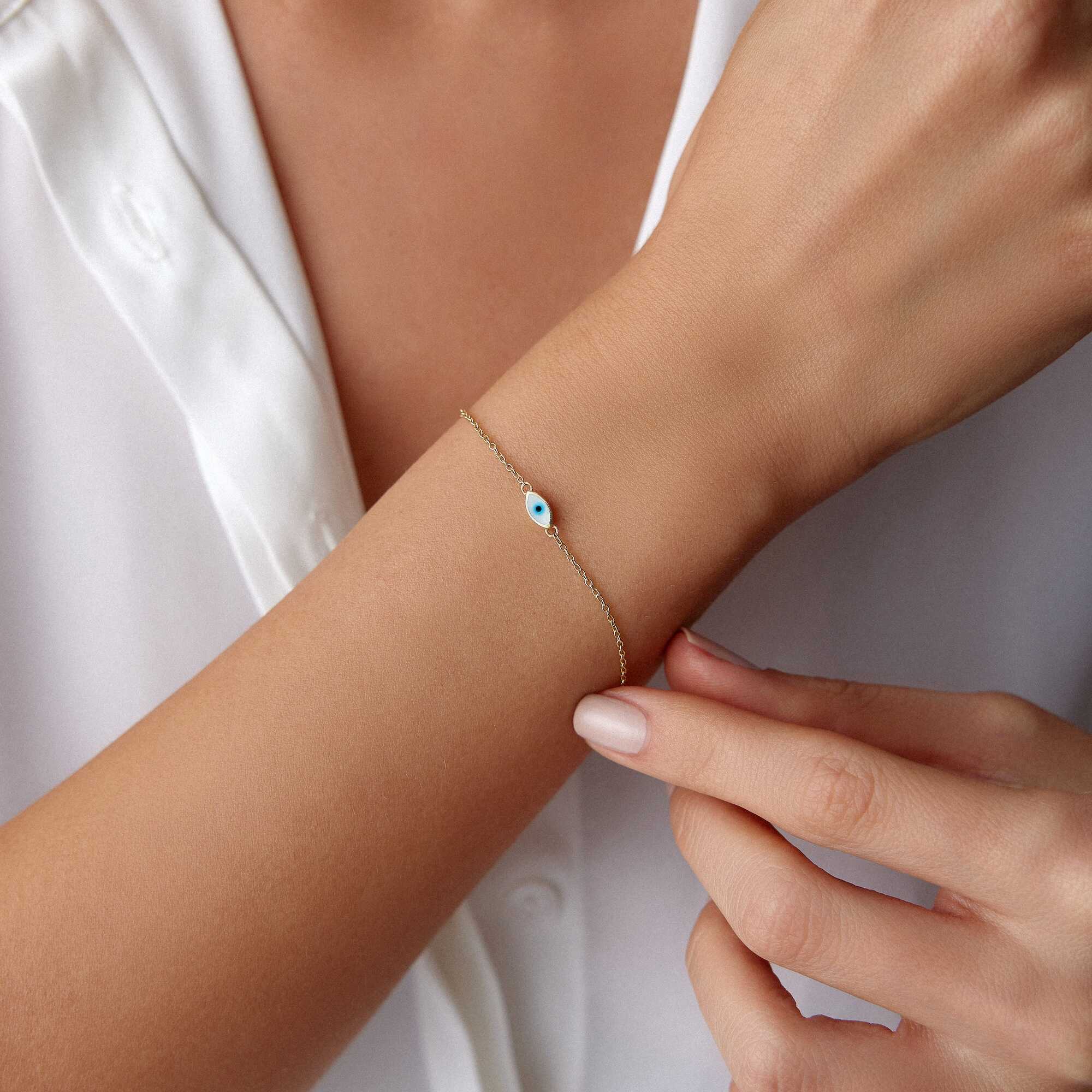 White Evil Eye Bracelet in 14K Gold