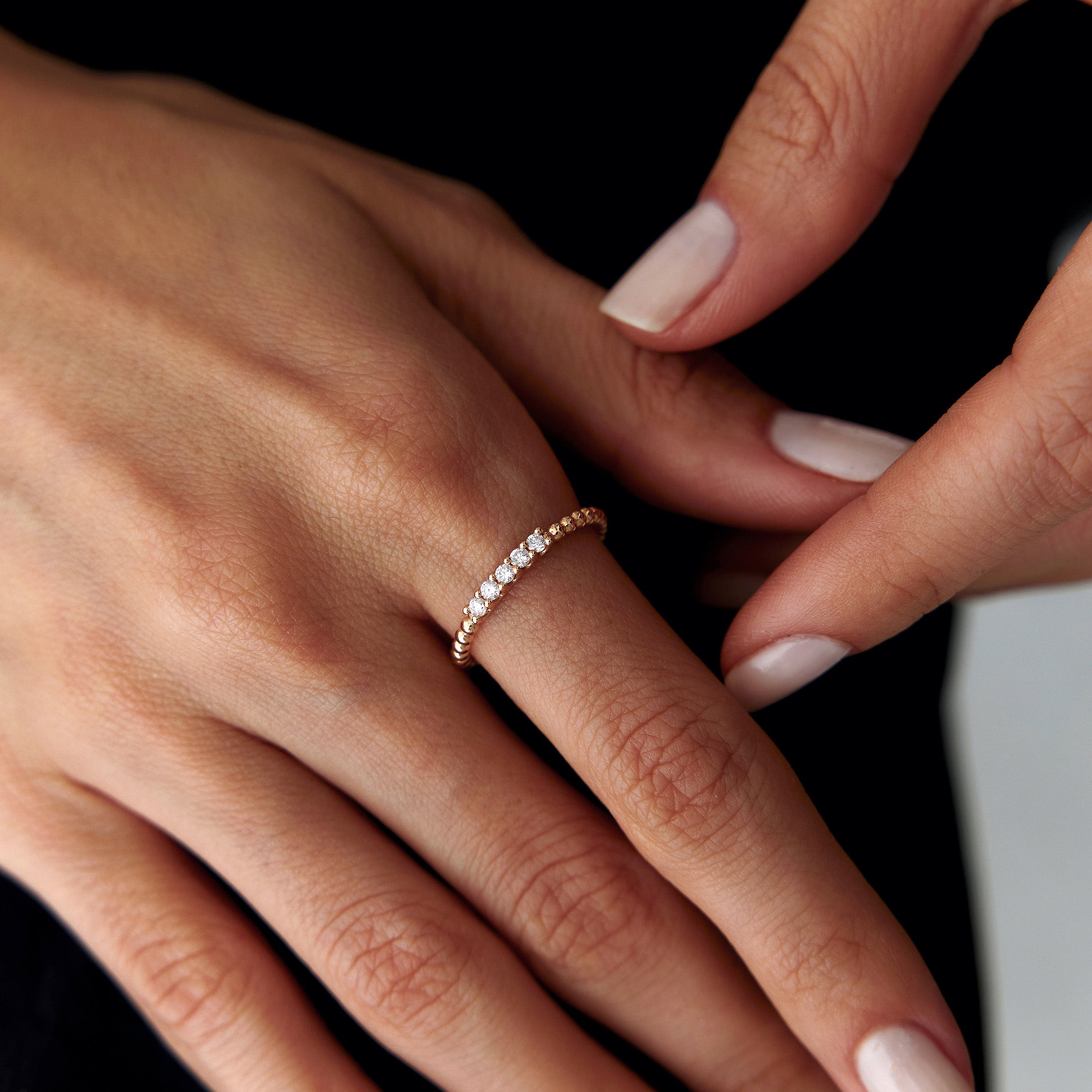 5 Diamond Beaded Stacking Ring in 14K Gold