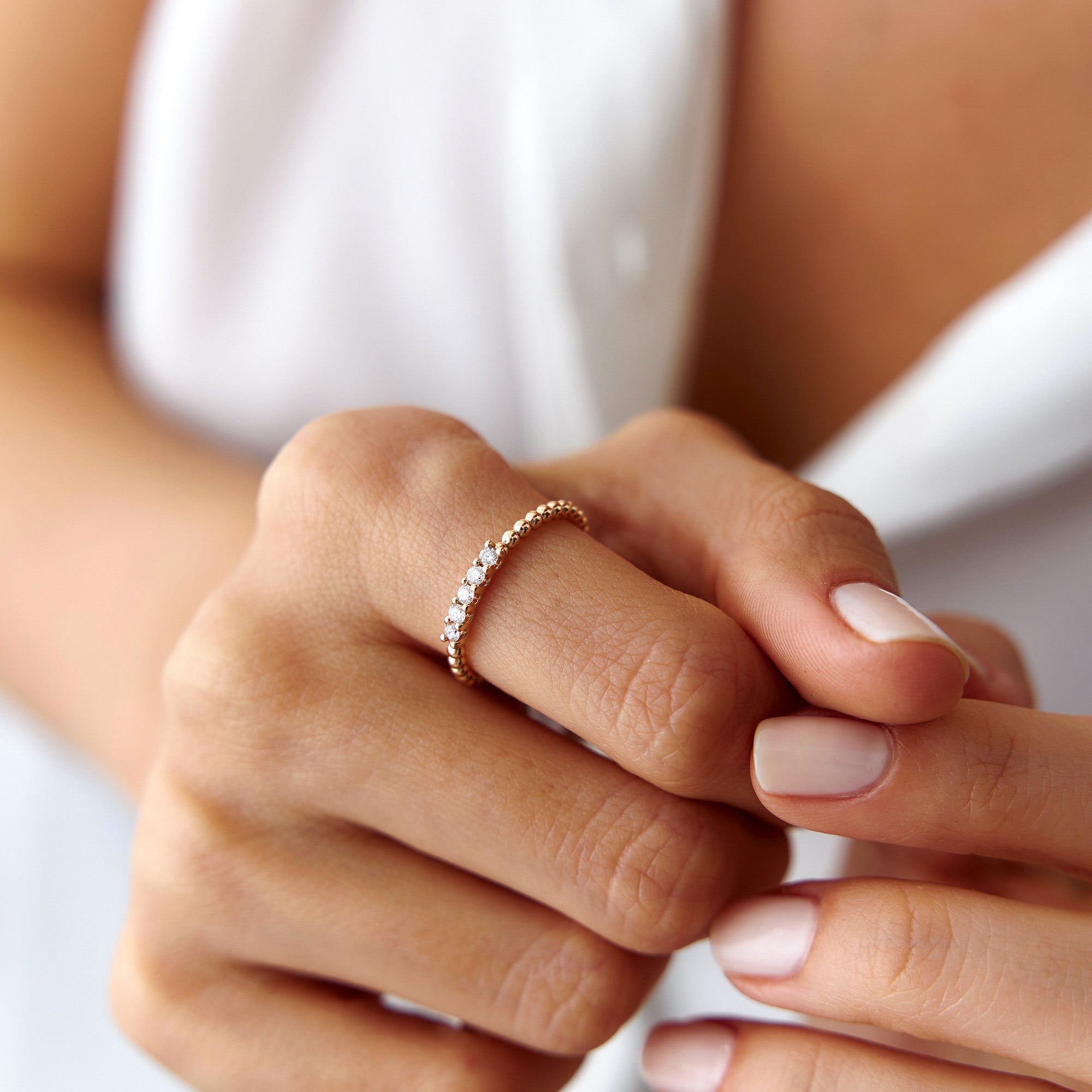 5 Diamond Beaded Stacking Ring in 14K Gold