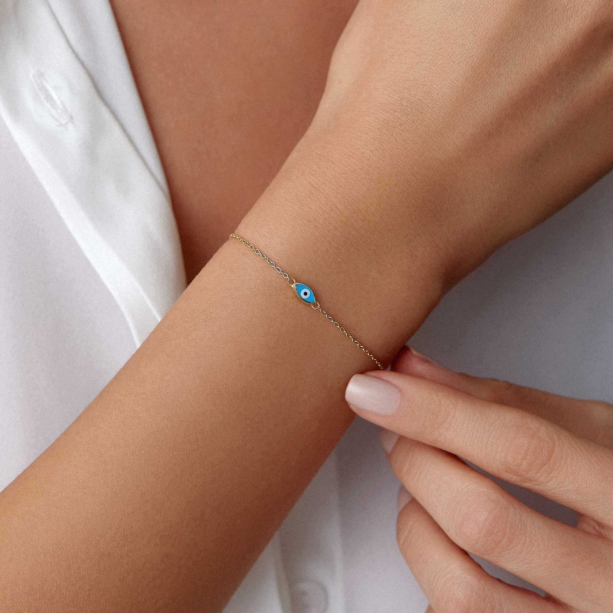 Ocean Blue Evil Eye Bracelet in 14K Gold