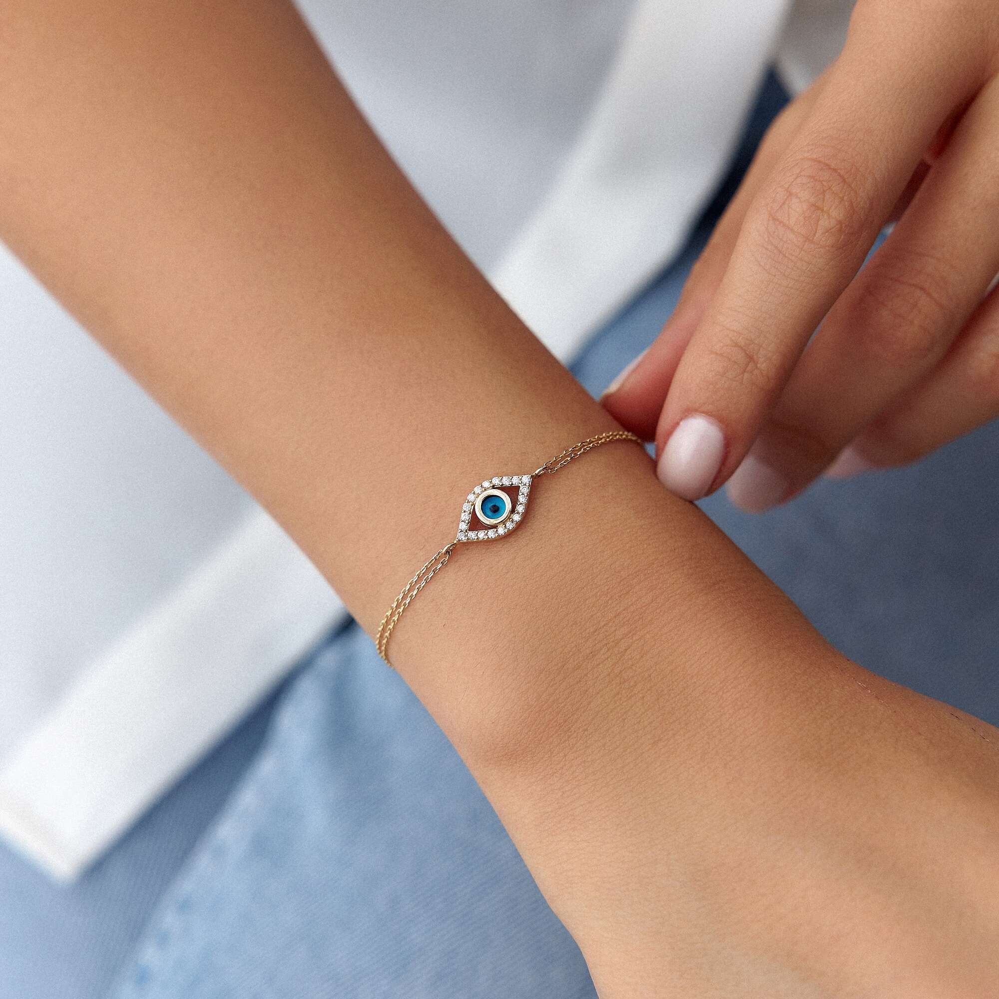 Blue Evil Eye Bracelet in 14K Gold