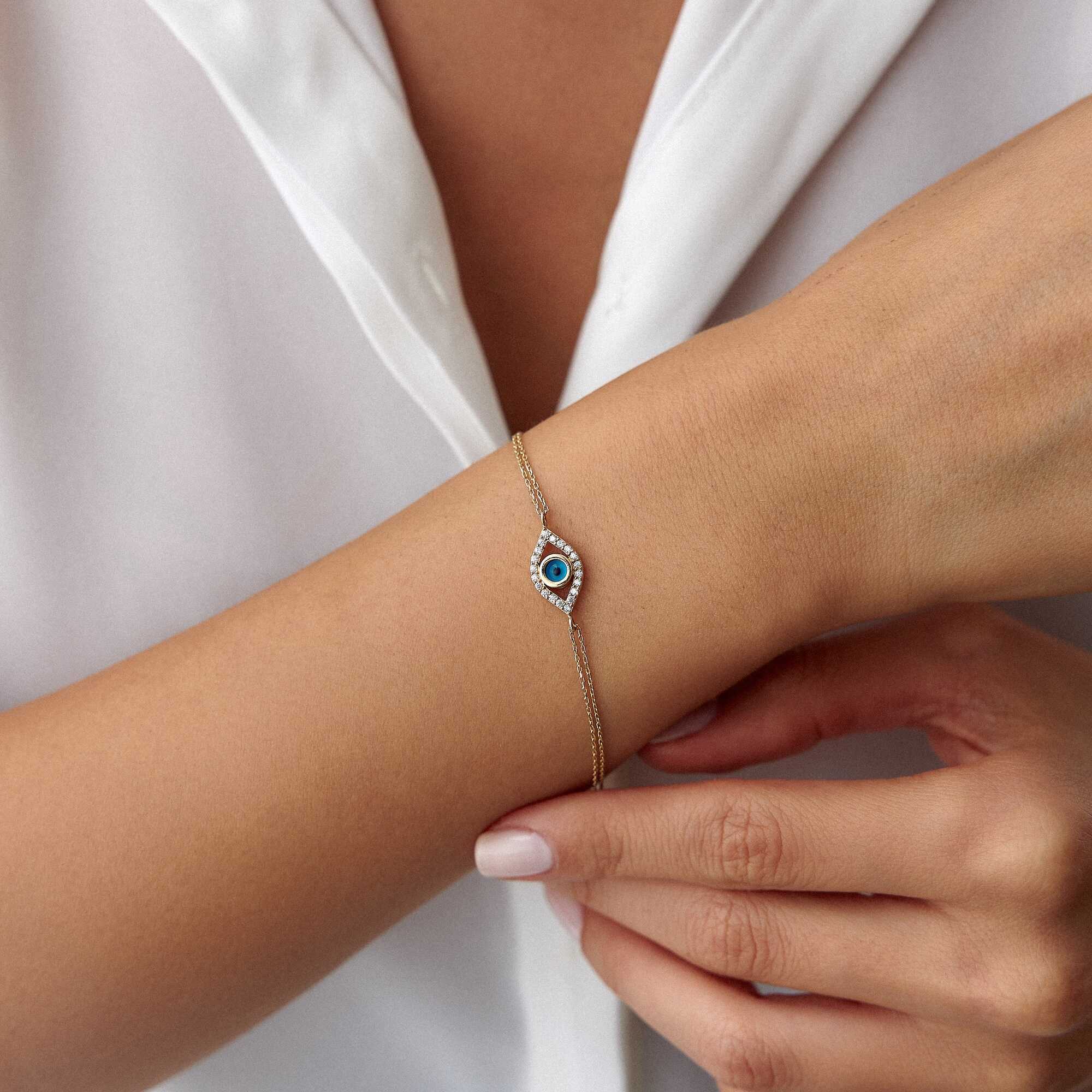 Blue Evil Eye Bracelet in 14K Gold