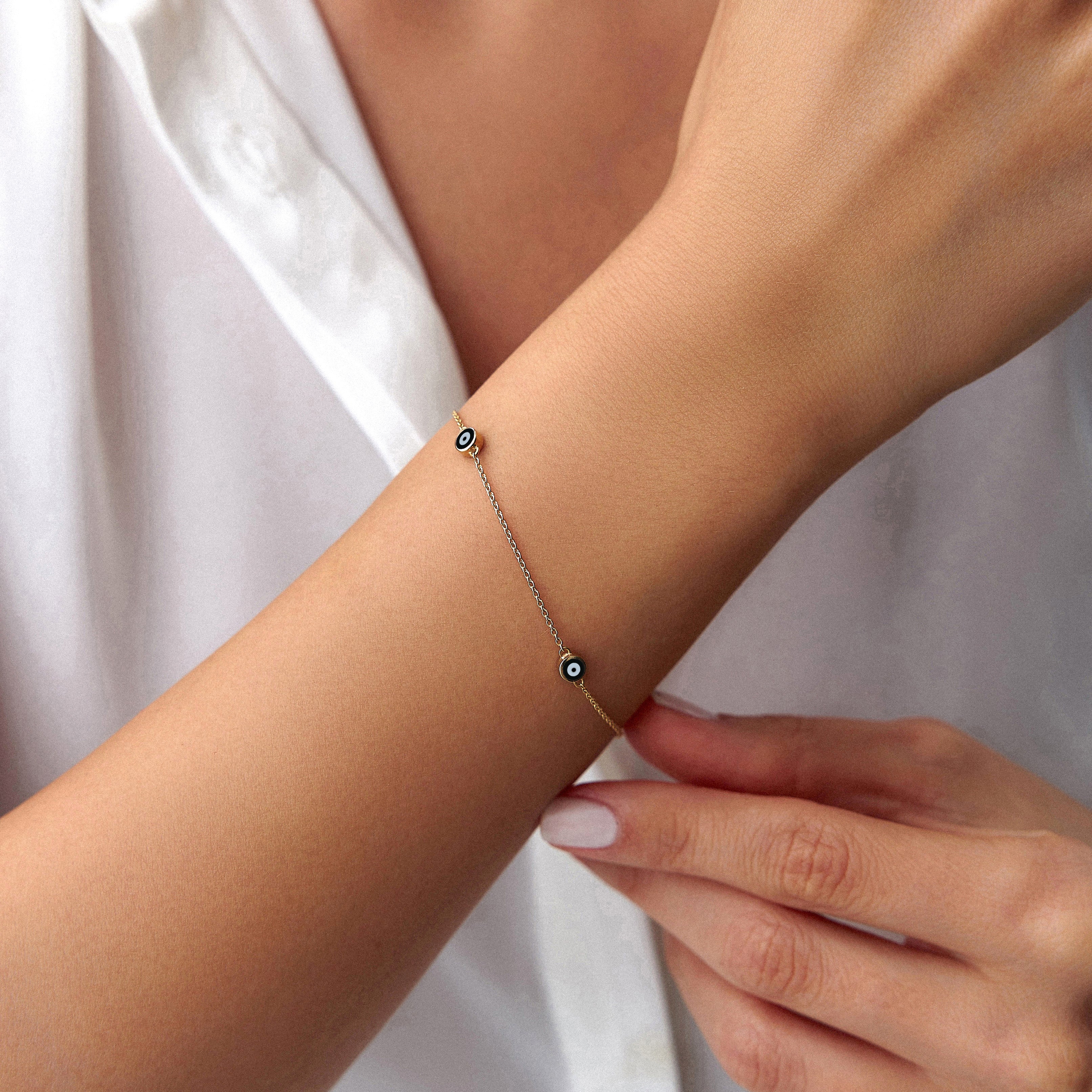 3 Black Evil Eye Bracelet in 14K Gold