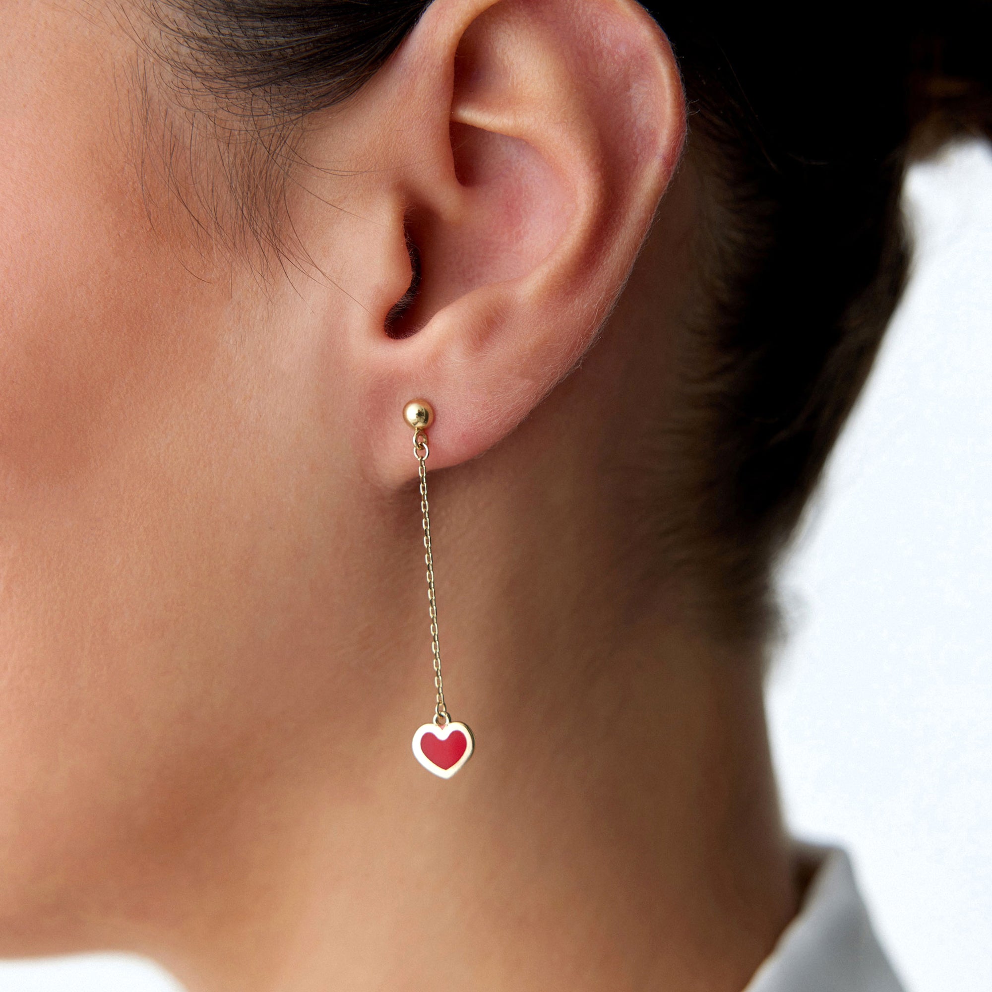 Mini Dangle Red Heart Stud Earrings in 14K Gold