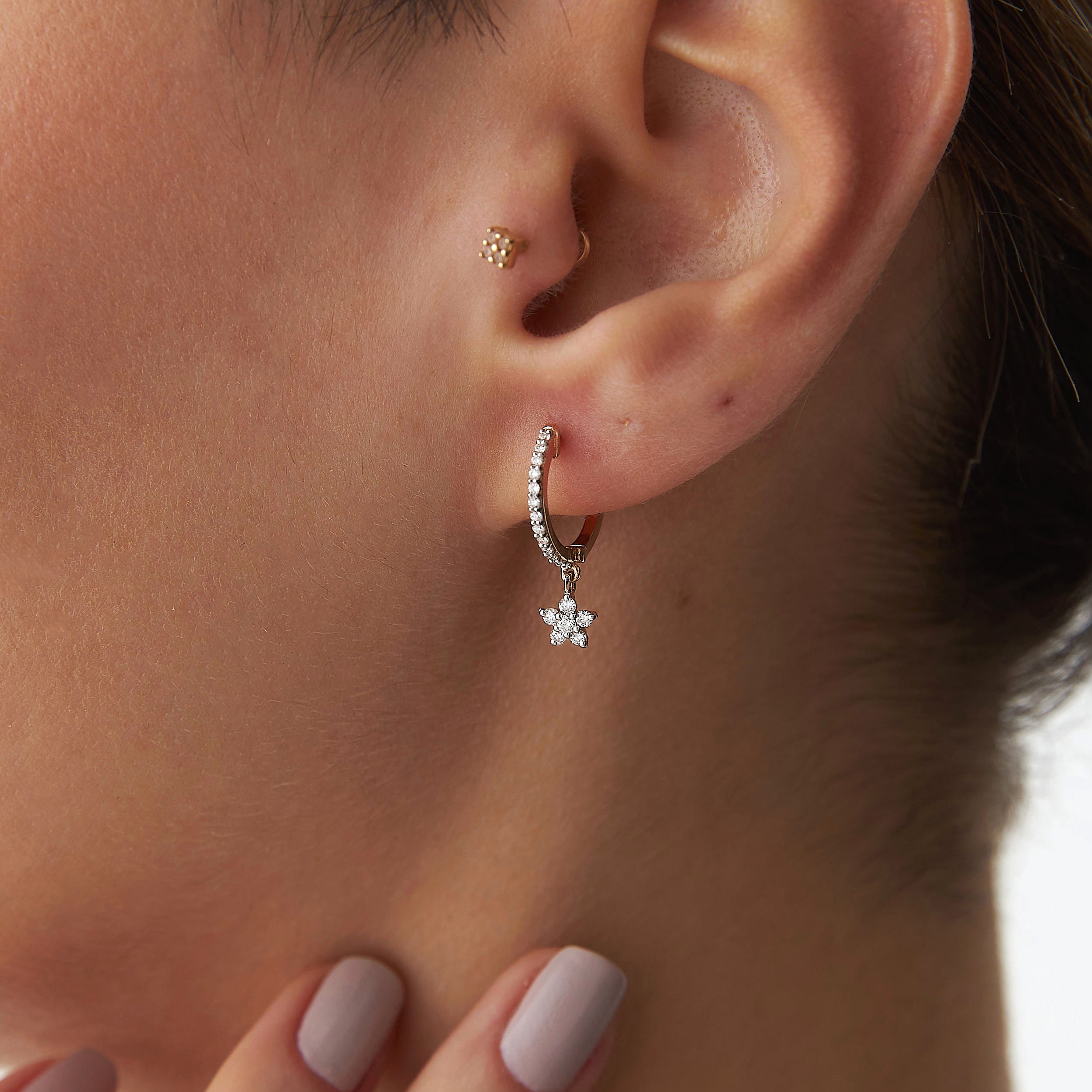Diamond Flower Hoop Earrings in 14K Gold
