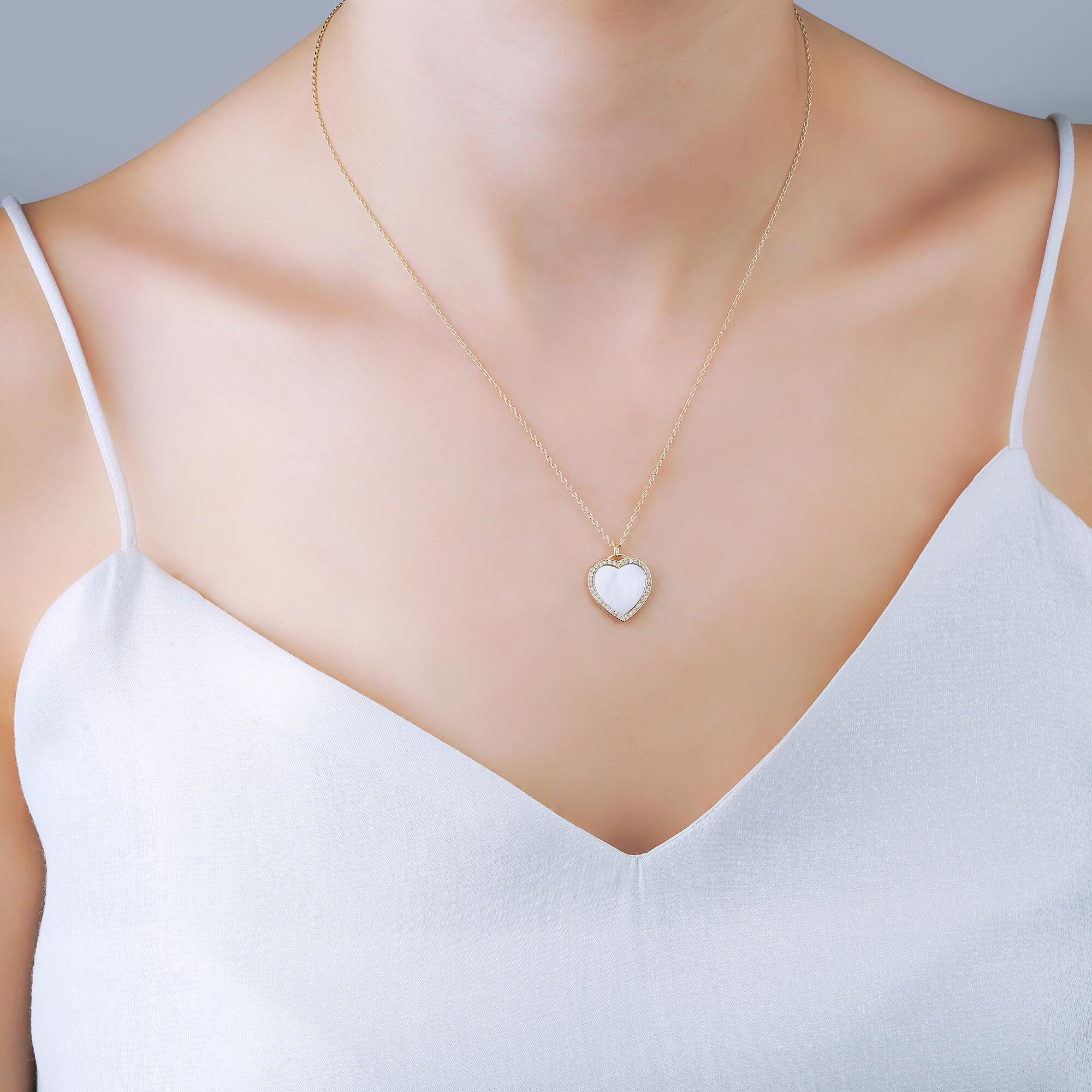 Small Mother of Pearl and Diamond Heart Pendant Necklace