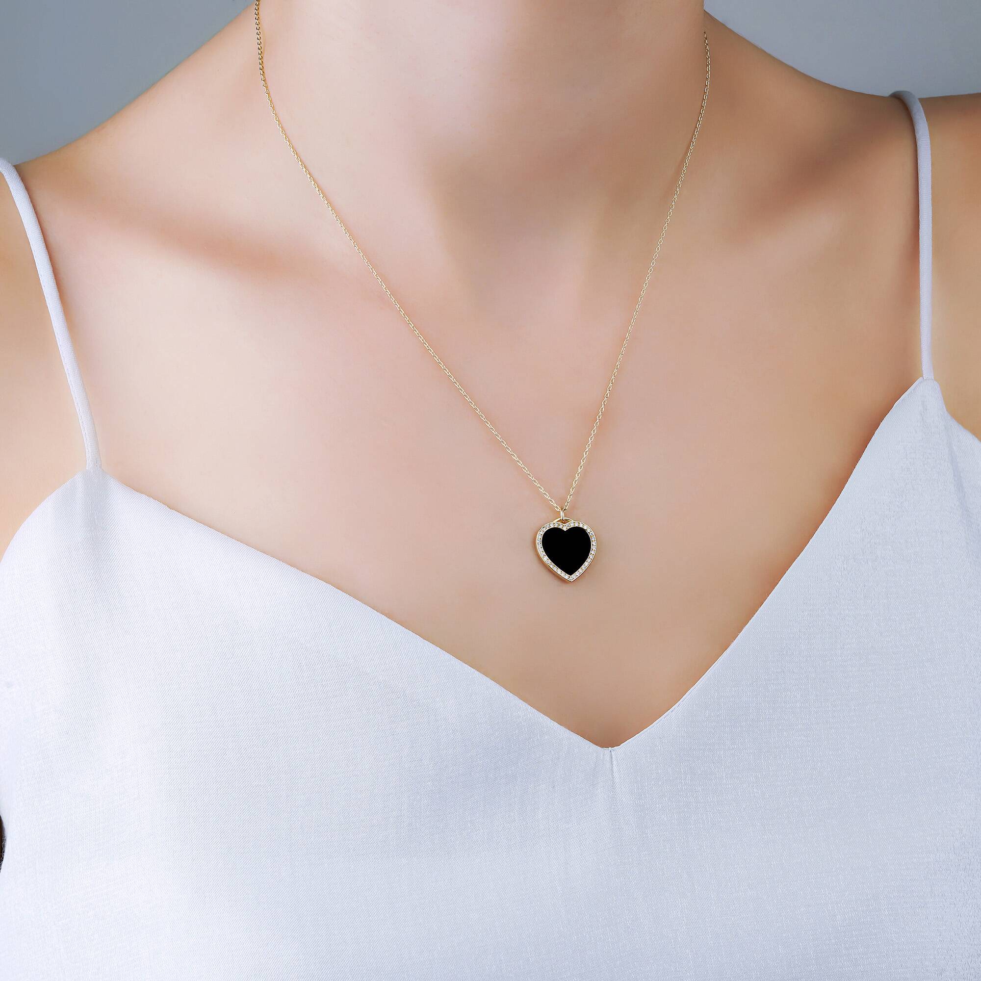 Small Onyx and Diamond Heart Pendant Necklace