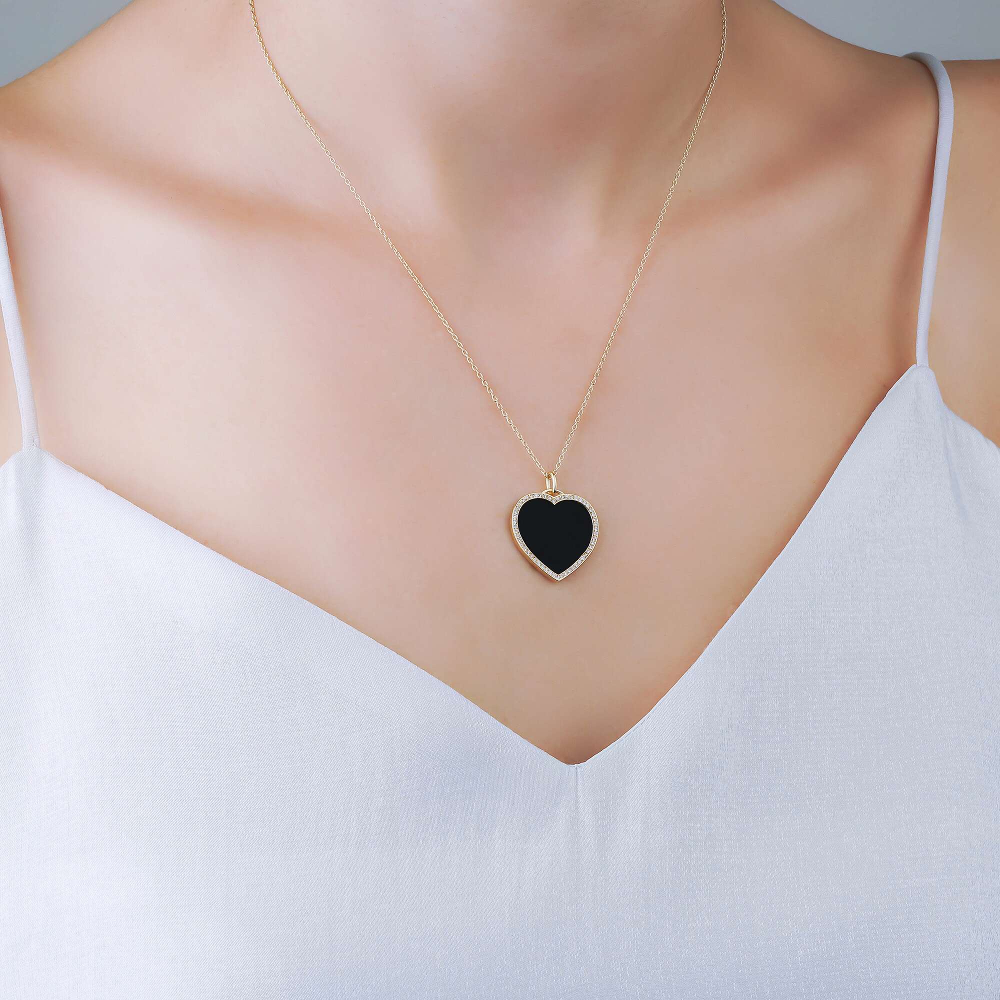 Large Onyx and Diamond Heart Pendant Necklace